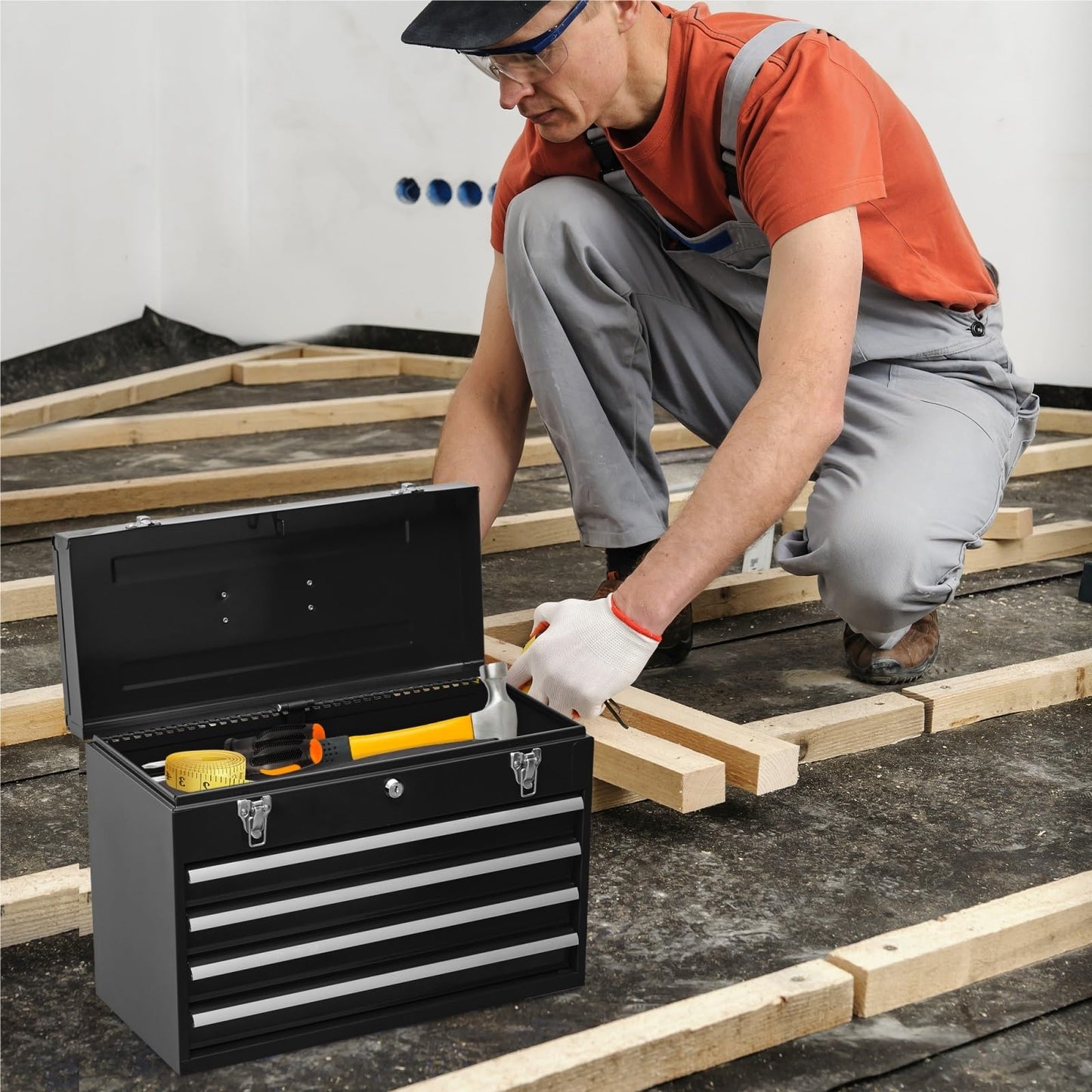 Portable Metal Tool Box with 4 Drawers - Heavy Duty Steel Tool Chest with Lock & Latch Closure for Garage, Warehouse, and Outdoor Repairs - Black