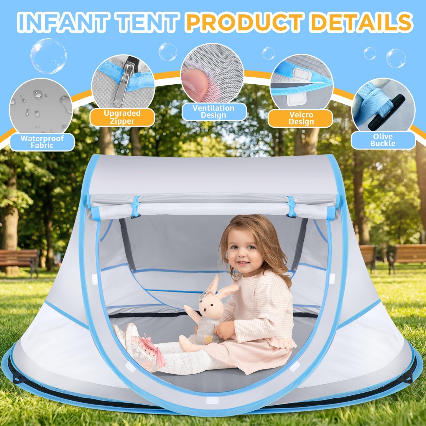 Baby Beach Tent, Pop Up Beach Tent Sun Shade for Beach, UPF 50+ UV Protection Sun Shelters for Infants with Carry Bag for Outdoor Travel, Camping(Gray)