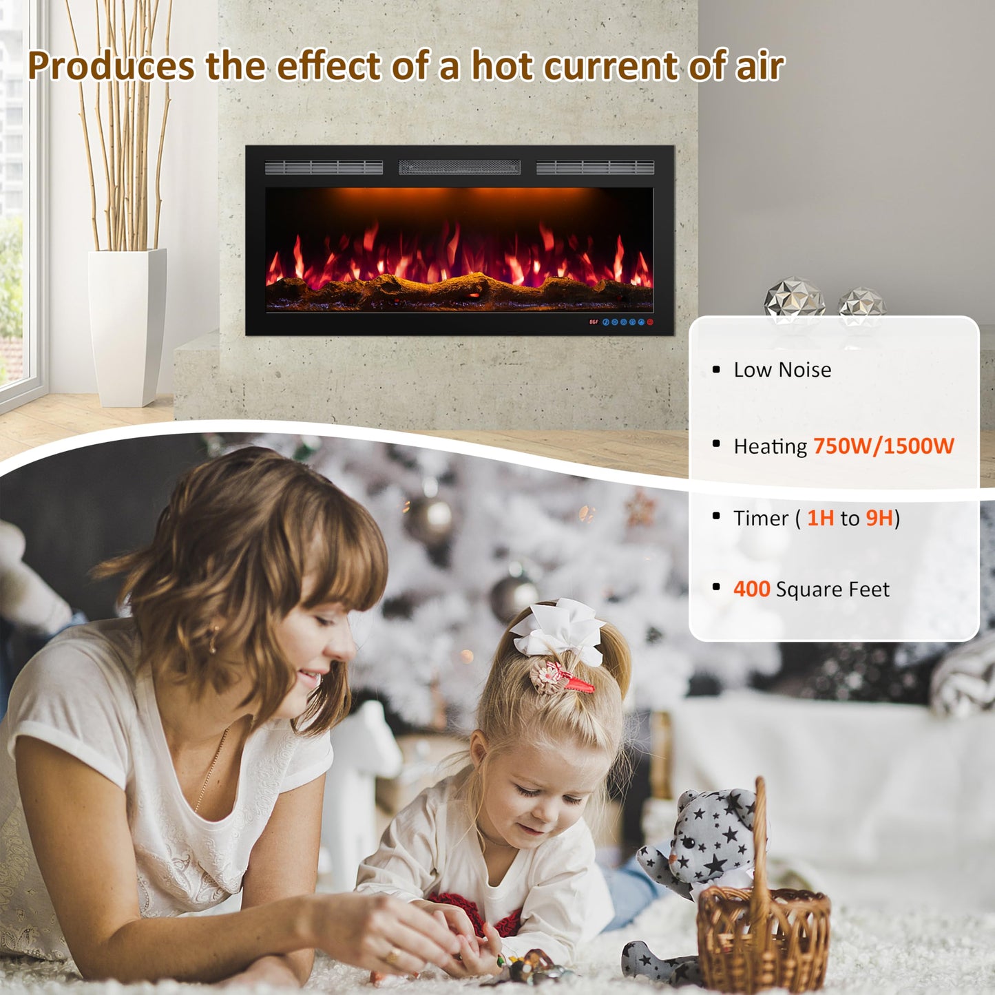 Mystflame 60 Inch WiFi Electric Fireplace Heater, Recessed or Wall Mounted, Ultra‑Slim 5.51" Deep, 750/1500W, 12 Flame Colors & 12 Ember Bed Colors,Remote & App Control, Works with Alexa & Google Home