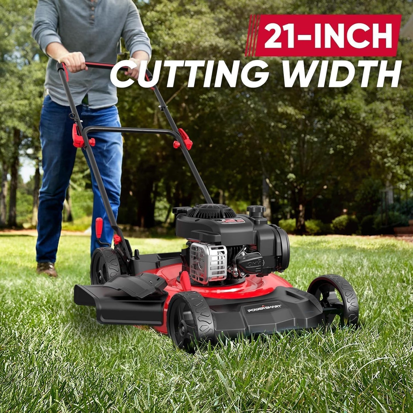 PowerSmart 21" Push Lawn Mower, B&S 125cc Engine, 2-in-1 Mulching and Side Discharge, Lightweight, Easy Assembly, Cordless Push Lawn Mowers for Garden Yard
