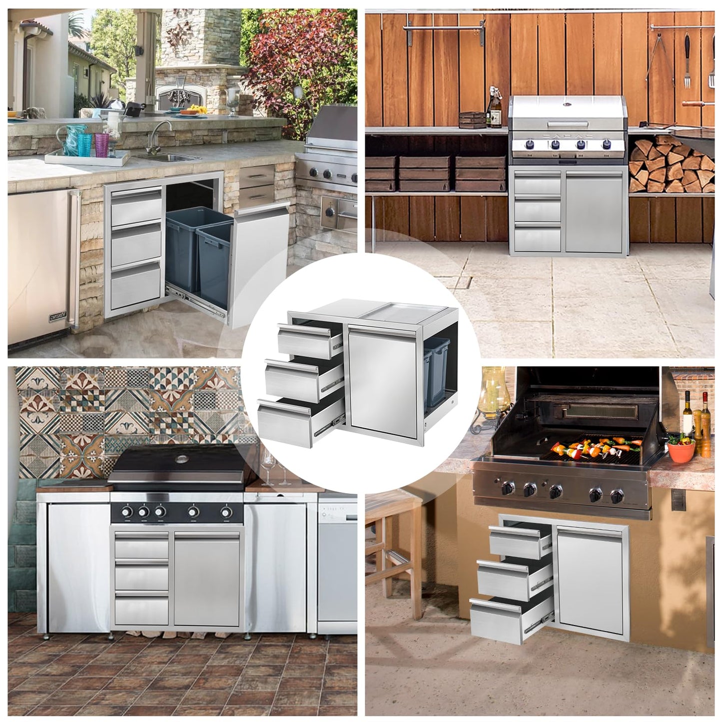 Tactralis Outdoor Kitchen Drawer Combo Cabinet Stainless Steel Triple Drawers & Trash Drawer with 2 Trash Cans, 28" W x 22" H x 19.5" D Outdoor Kitchen Cabinets for BBQ Grill Station