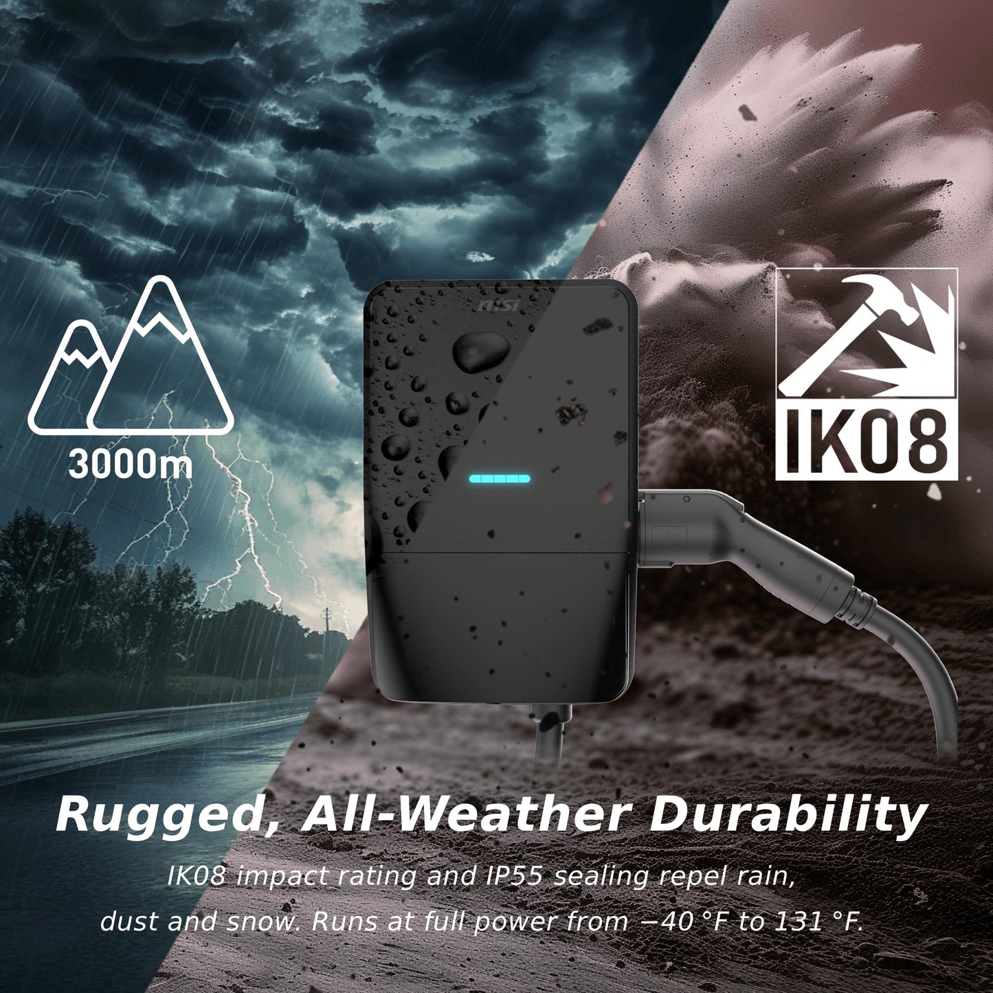 MSI EV Life Type 1 (J1772) NEMA 14-50, Level 2 Charger, 240V, 40A, 9.6KW, IP55 Rated-Water and dust Resistant, IK08 Impact Resistant, UL2594 Certified, Energy Star, 5 Years Warranty