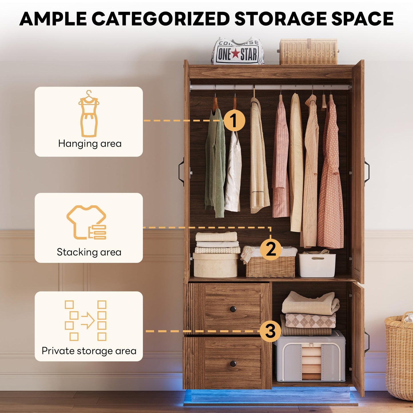LIKIMIO Farmhouse Wardrobe Closet with Doors, 70" Bedroom Armoires with LED Lights and Hanging Rod, Wooden Large Wardrobe Cabinet with 2 Drawers and 1 Cabinet, Walnut