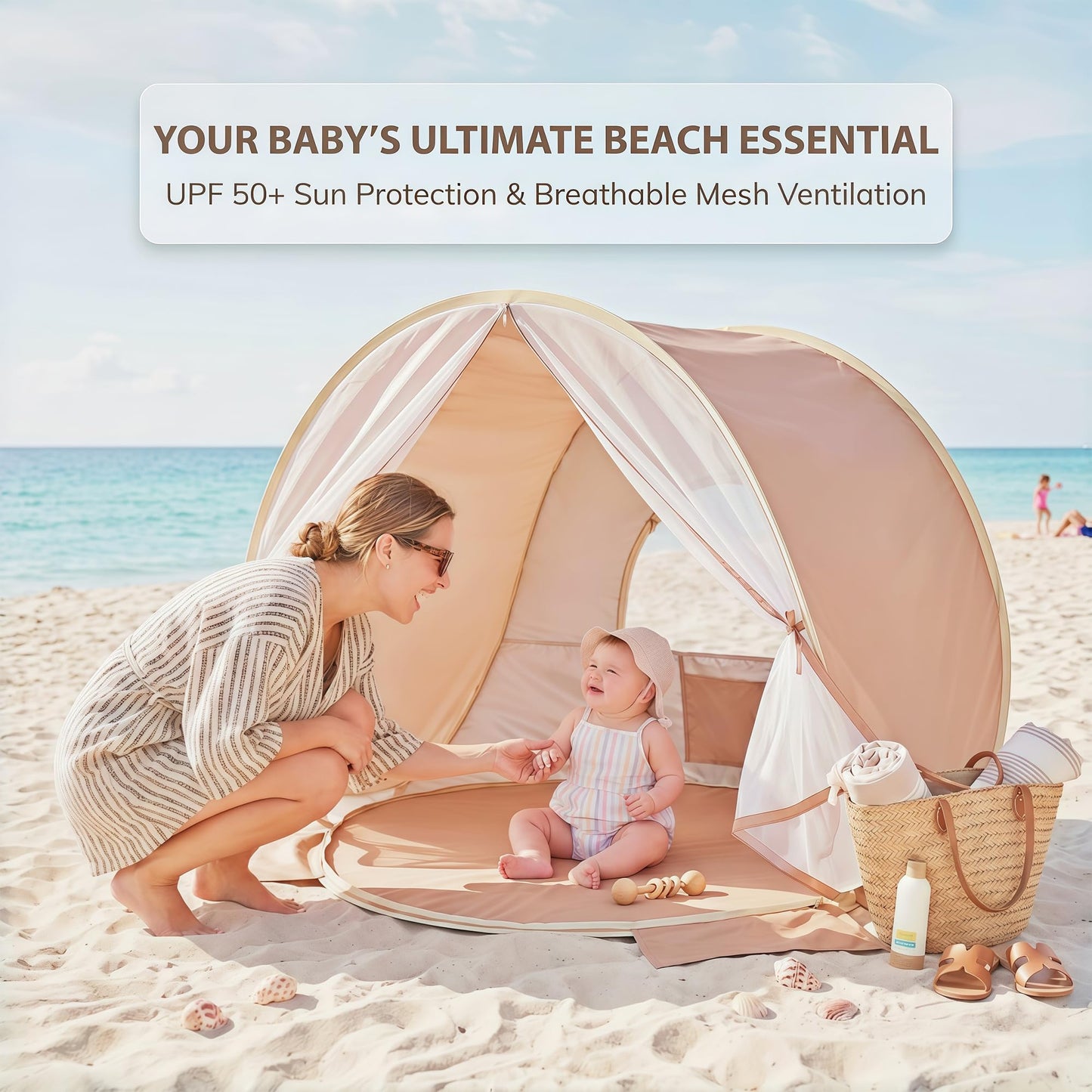 Pivoryla Baby Beach Tent, Pop Up Baby Tent with UV Protection, 37"x29"x33" Baby Sun Shade, Portable Baby Beach Essentials | 1.2lbs Lightweight, Sand-Proof Mesh Door, 4 Steel Stakes & Carry Bag