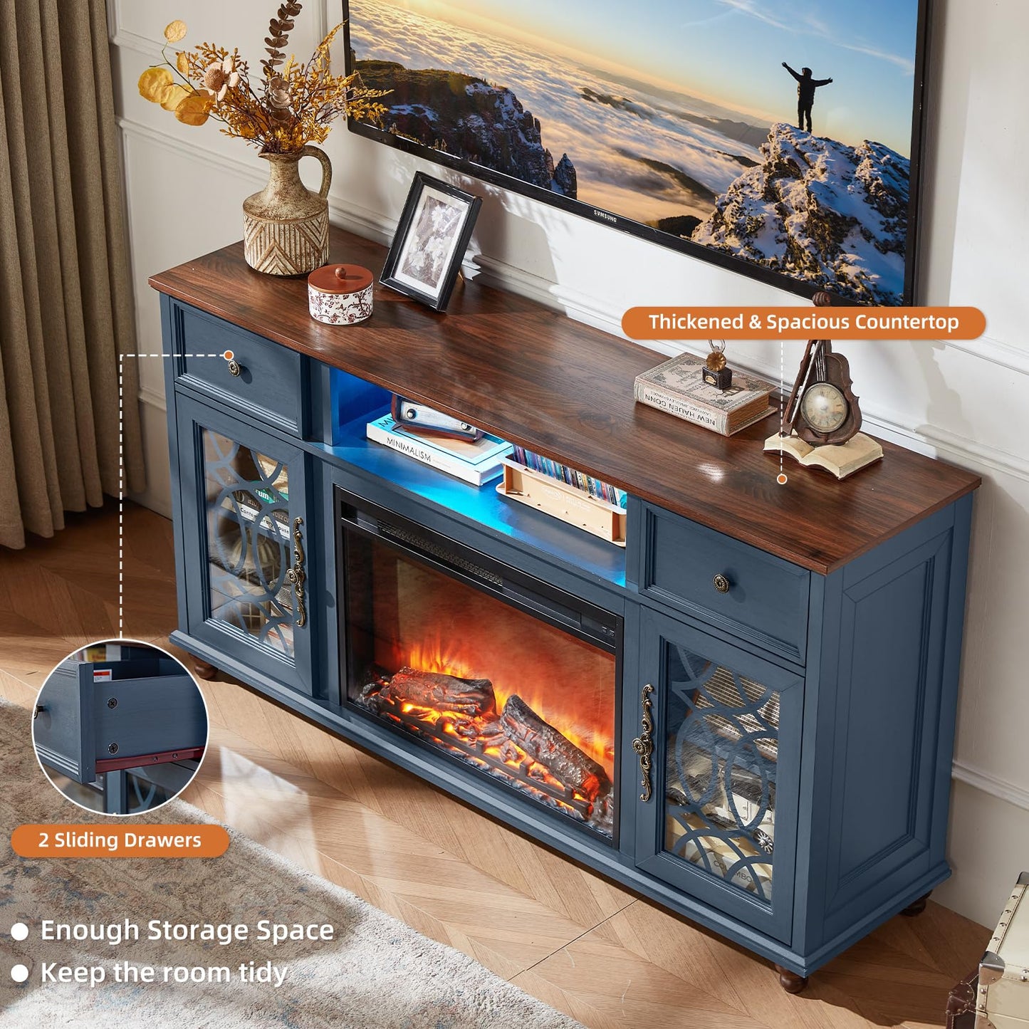 Joaxswe Farmhouse Fireplace TV Stand, 59" Entertainment Center with Electric Fireplace & LED Lights for TVs up to 65'', Glass Door Fire Place TV Stands for Living Room, Media Console w/Drawers, Blue