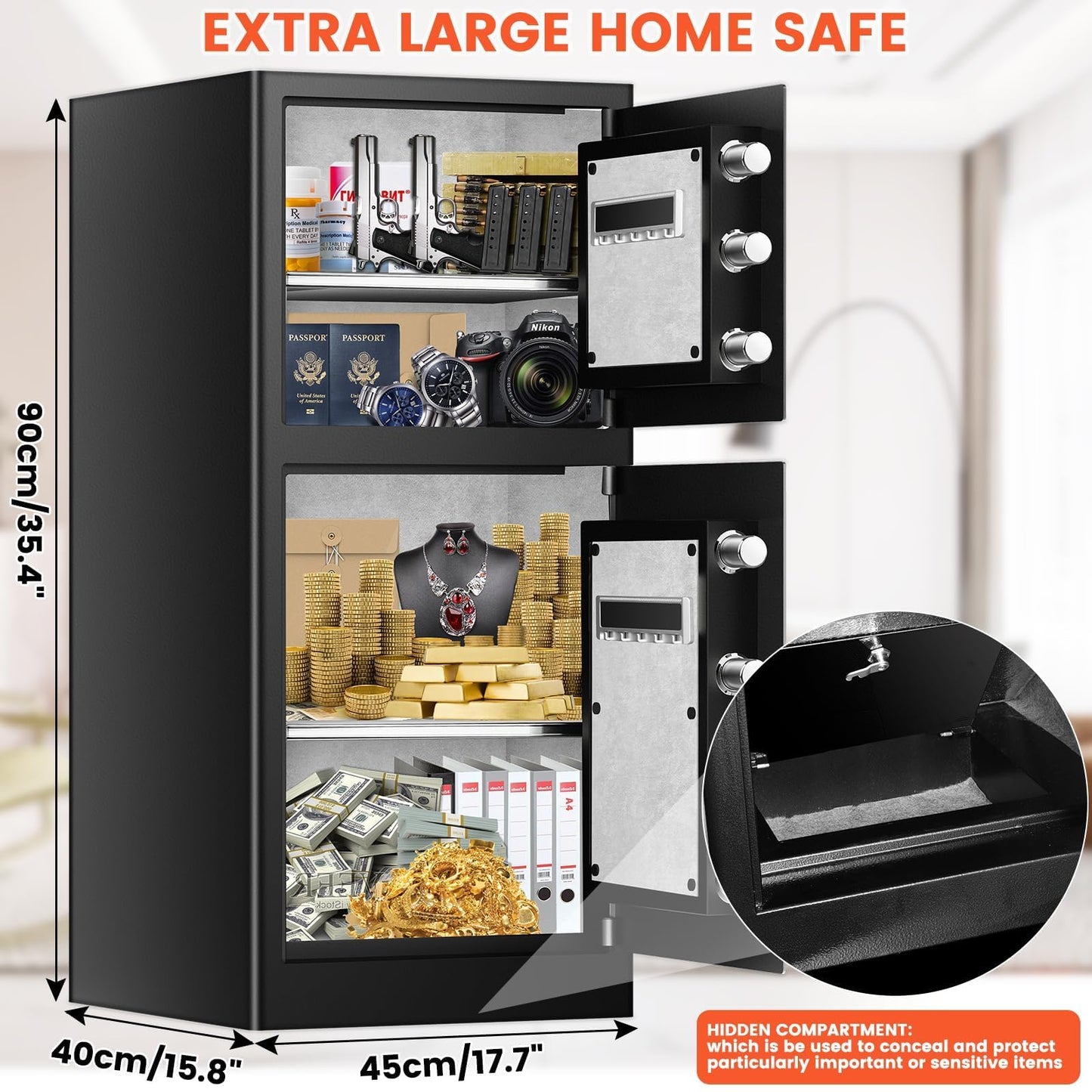 [𝟐𝟎𝟐𝟒 𝐍𝐞𝐰] 7.6 Cu Ft Extra Large Home Safe Fireproof Waterproof with [DOUBLE SAFES], Heavy Duty Digital Security Box with [Hidden Compartment], Fireproof Safe for Home Business Office USE