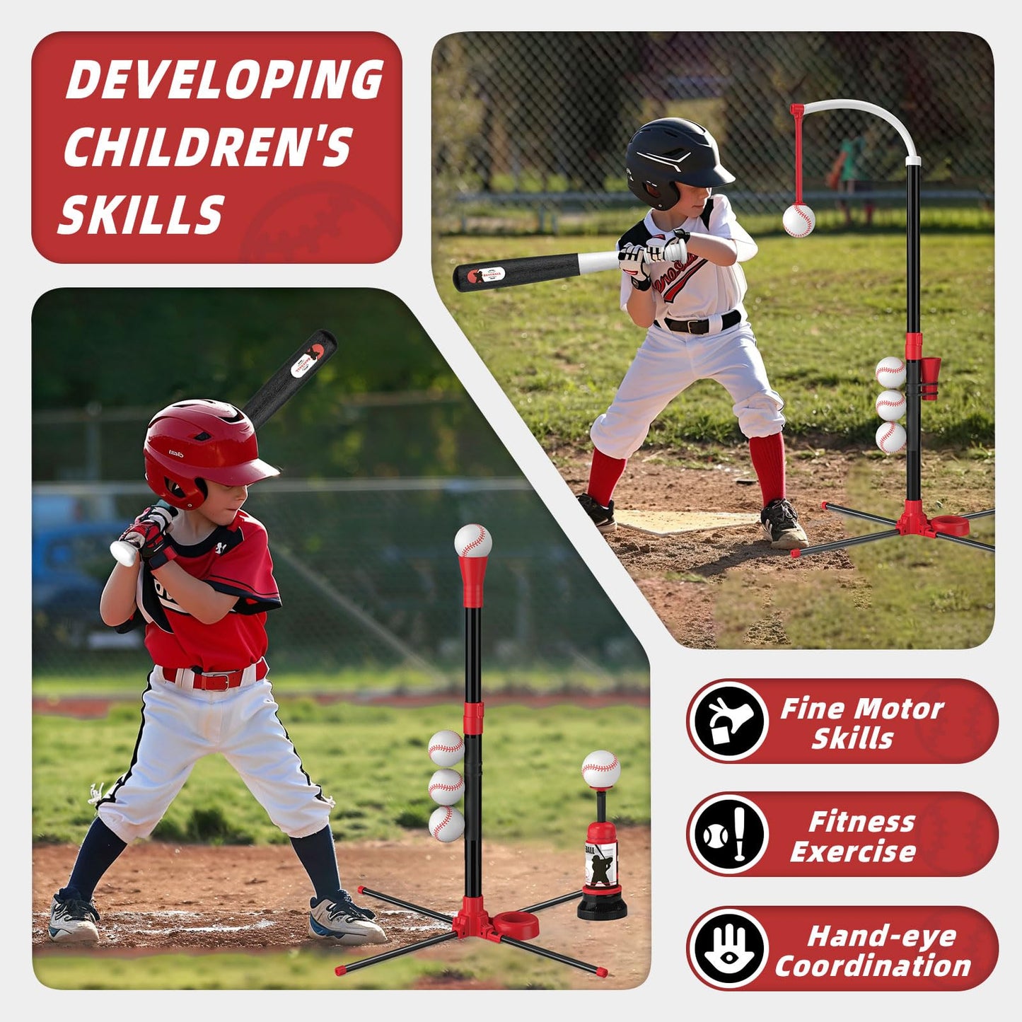 Wee Wonders 4 in 1 T-Ball Sets for Kids 3-5 with Toss and Catch Ball, Toddler Baseball with Auto Pitching Machine/6 Balls, Outdoor Sport Toys Gifts for Boys Girls