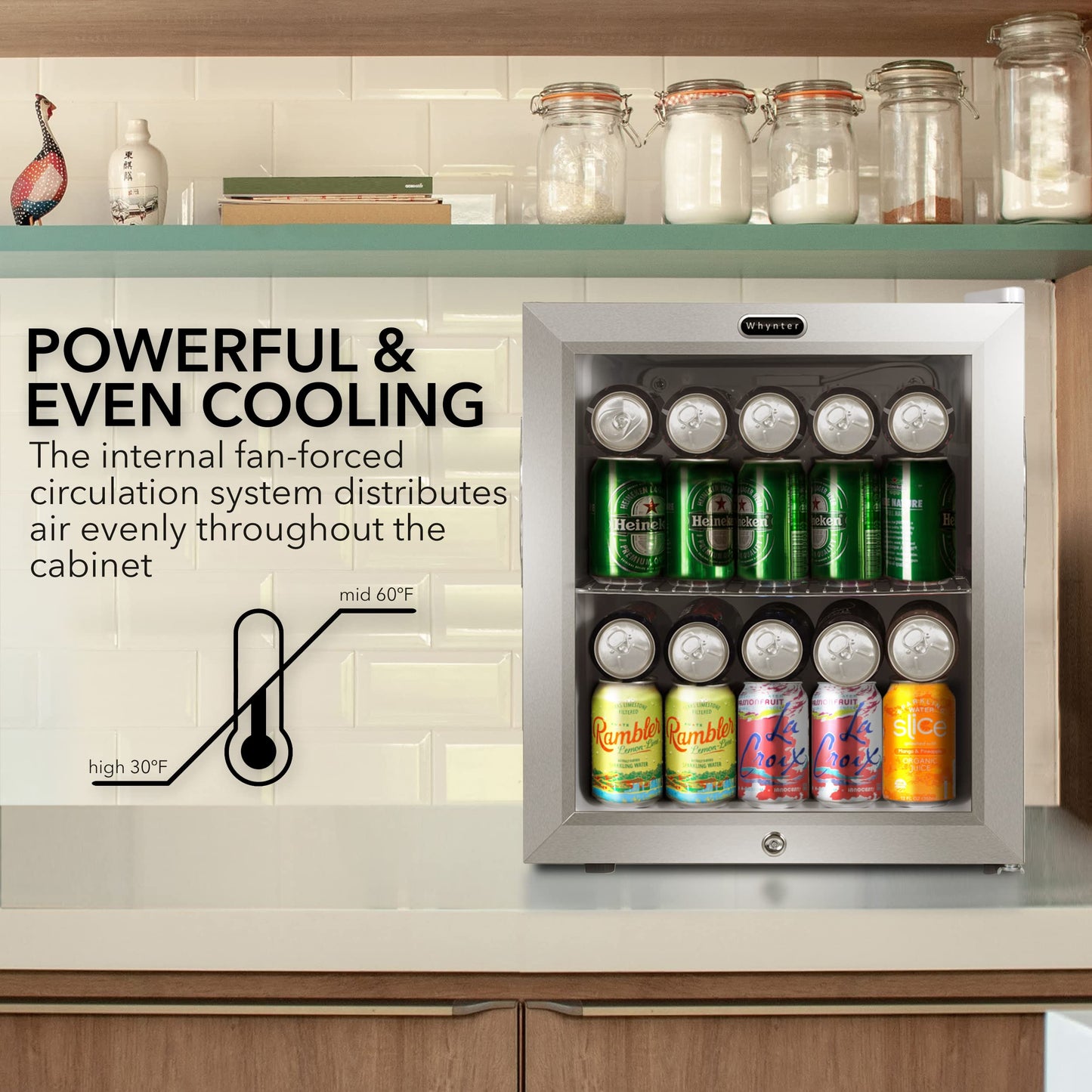 Whynter Beverage Refrigerator with Double-Layer Glass Door, 68-Can 1.6 Cu Ft Freestanding Drink Mini Fridge, BR-062WS, Stainless Steel