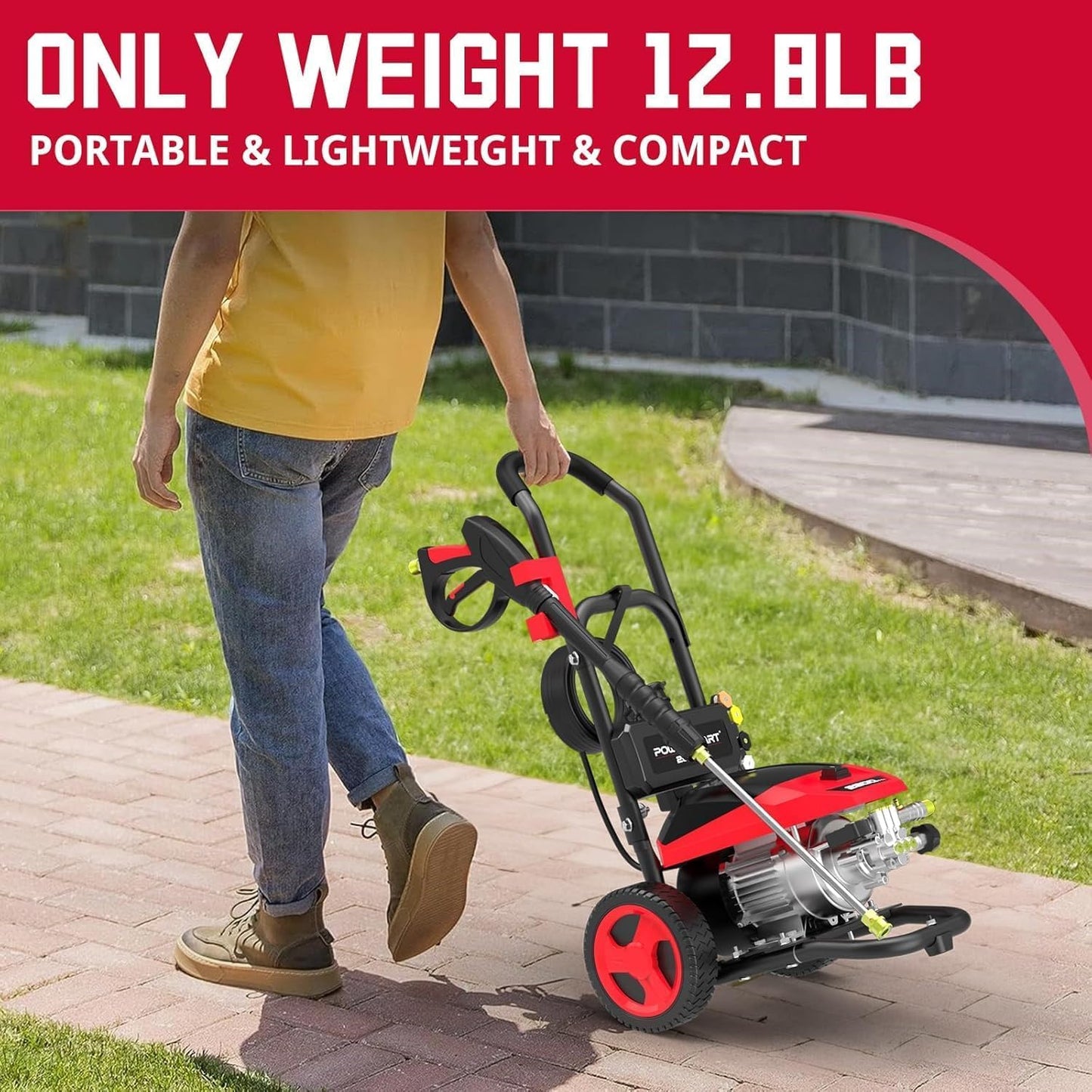 PowerSmart DB1002 2600 PSI Electric Pressure Washer with Induction Brushless Motor, 1.2 GPM High Pressure Cleaner, 5 Nozzles, 8” Wheels, Detergent Tank, for Car, Patio, Fence, Driveway Cleaning