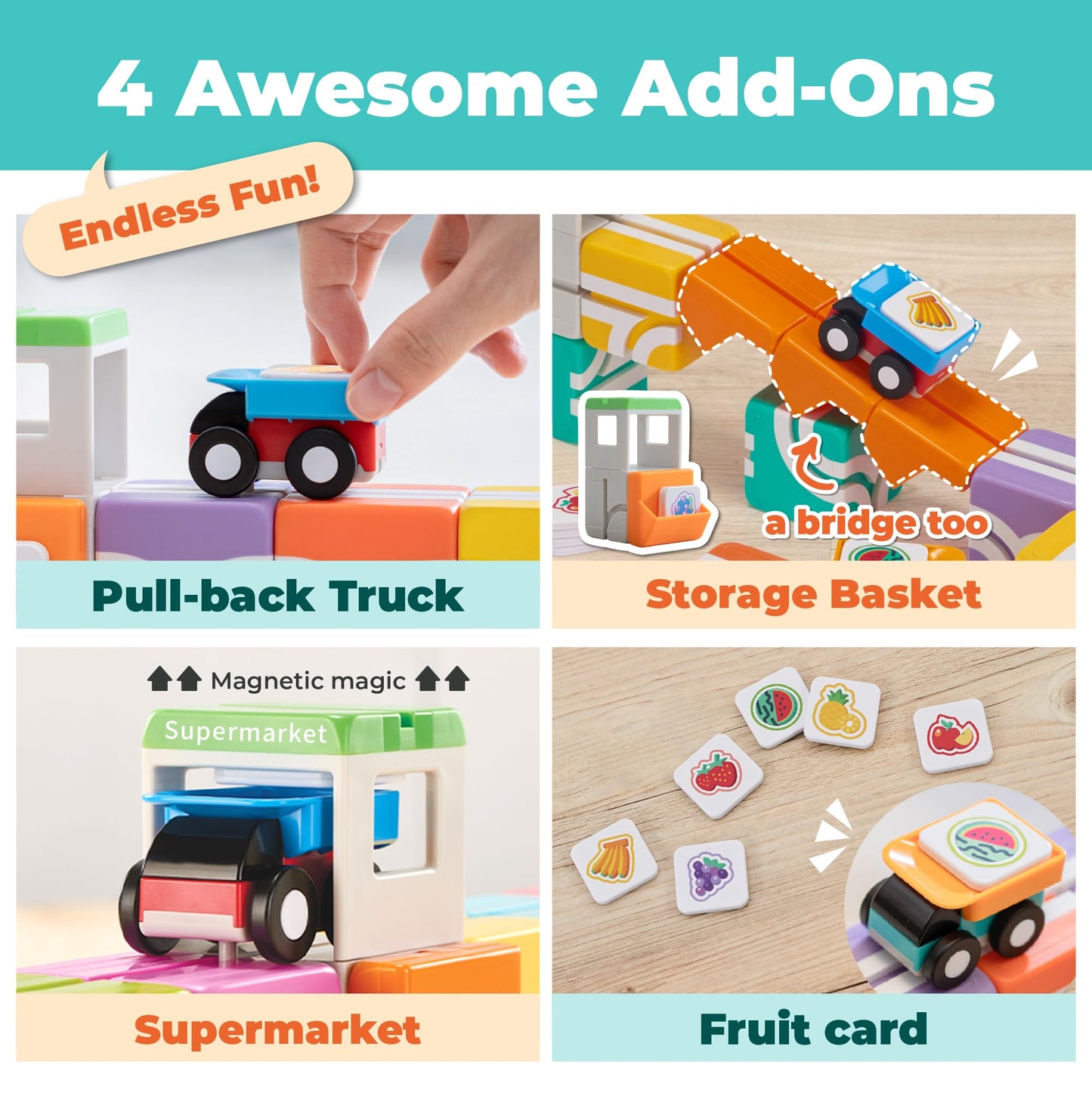 QBI STEM All-in-1 Toy Set with 6 Cars & Fruit Tiles | Open Ended Educational Sensory Magnet Cubes | Montessori Toys, Magnetic Building Blocks for Boys & Girls (68 Pieces)