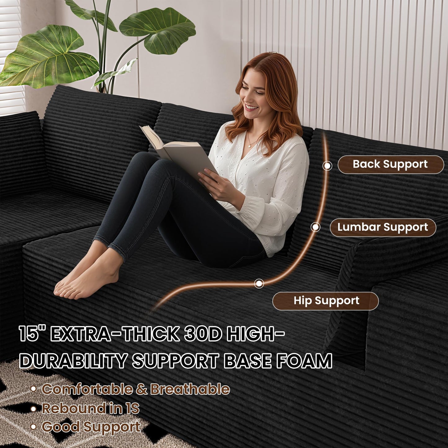 106" Cloud Sectional Boneless Couches for Living Room, Modular U Shaped Couch with Deep Seat, Removable Ottoman, Memory Foam Compressed Spineless 4 Seater Sofa for Bedroom Apartment, Black