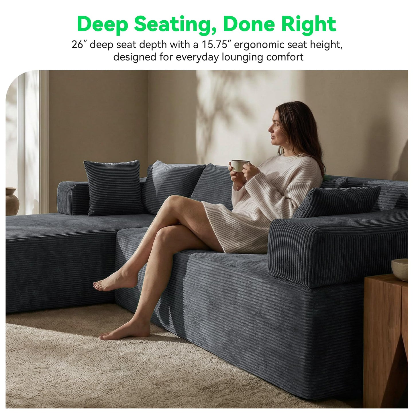 MONVANE 141'' Modular Sectional Sofa, PRO Version U-Shape Boneless Couch, Oversized Deep Seating Cloud Couch, No Assembly, High-Resilience Foam, Soft Corduroy Fabric, for Living Room Apartments Grey