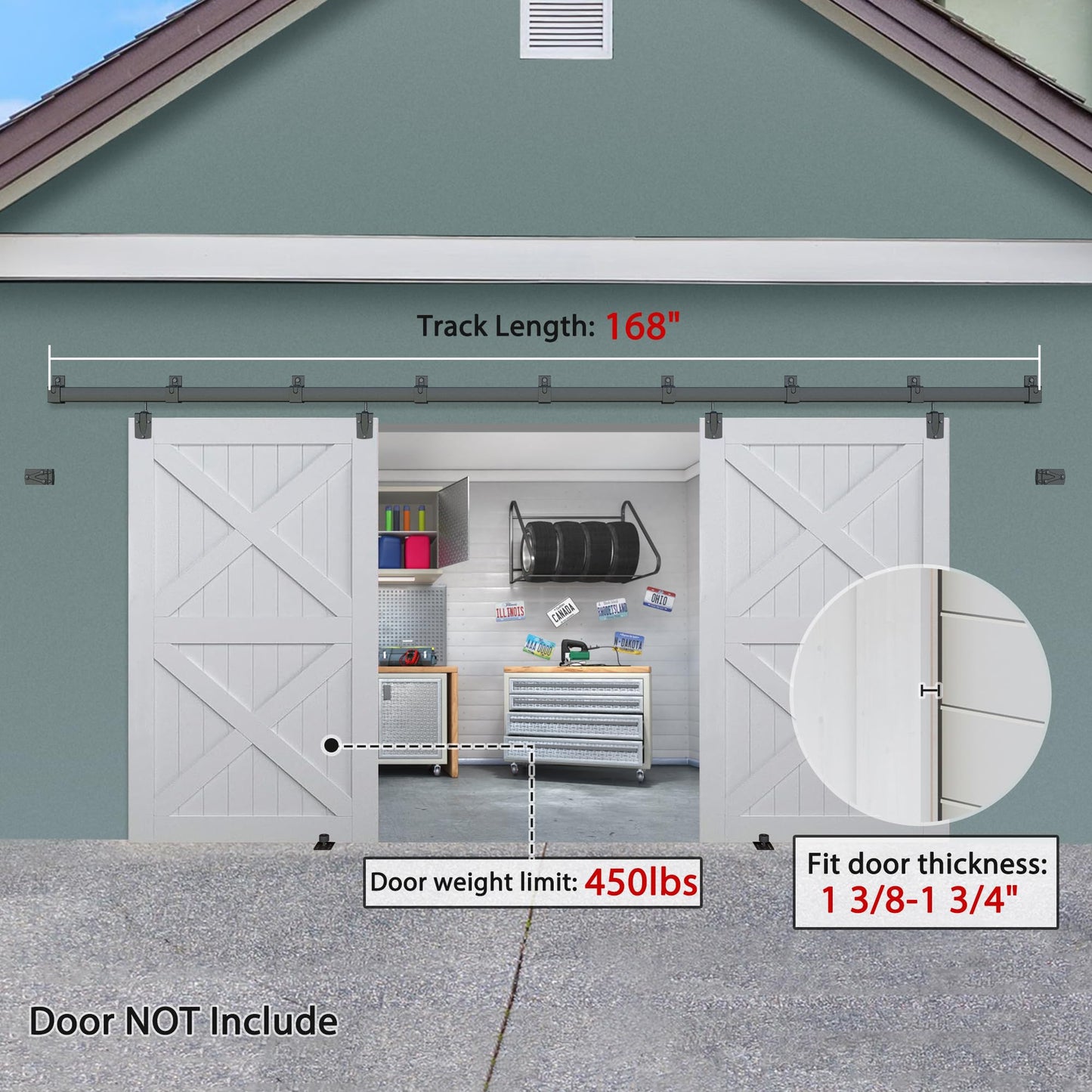 Exterior Barn Door Hardware Kit, BARNSMITH 14FT Sliding Barn Door Hardware Heavy Duty Doors Track Kit for Double Doors Use, Wall Mount, Black (Hardware Only)