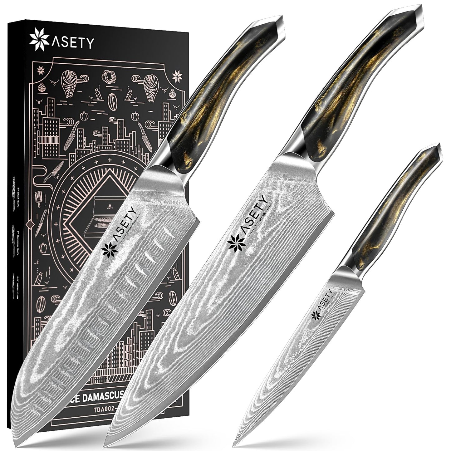 ASETY Damascus Knife Set 3 PCS: Ultra-Sharp Professional Chef Knife Set, Japanese Kitchen Knives with VG10 Steel Core, Full Tang Resin Handle, Elegant Box for Men Women