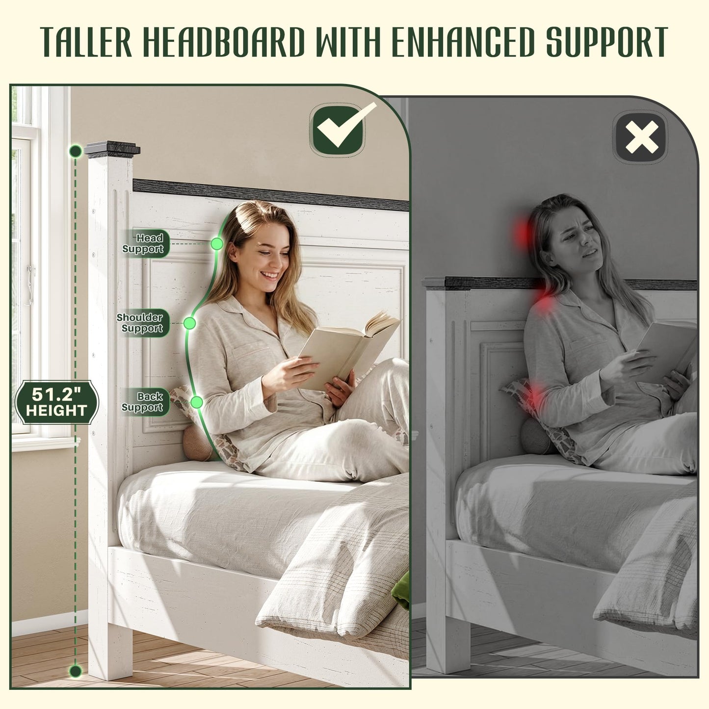 Homkdom Farmhouse Queen Size Bed Frame, 51” Tall Queen Bed Frame with Headboard, Bed Frame with 2 Storage Drawers, No Box Spring Needed, White