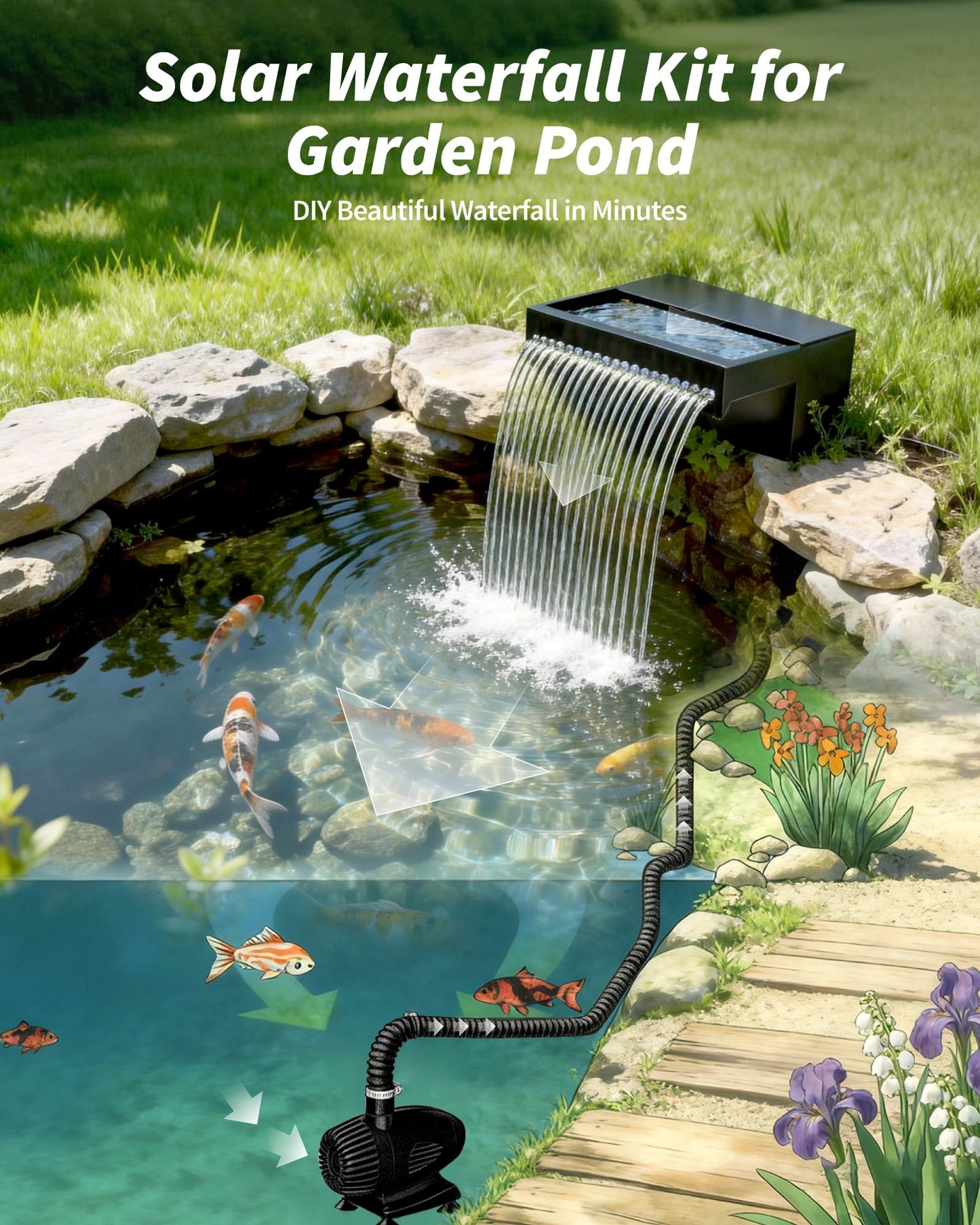 POPOSOAP 55W Solar Pond Waterfall Spillway with Fountain Pump, 304 Stainless Steel & Filtration System Pond Waterfall, 9.8FT Tubing for Koi Ponds, Garden Fountains & Landscape Water Features-P5552S