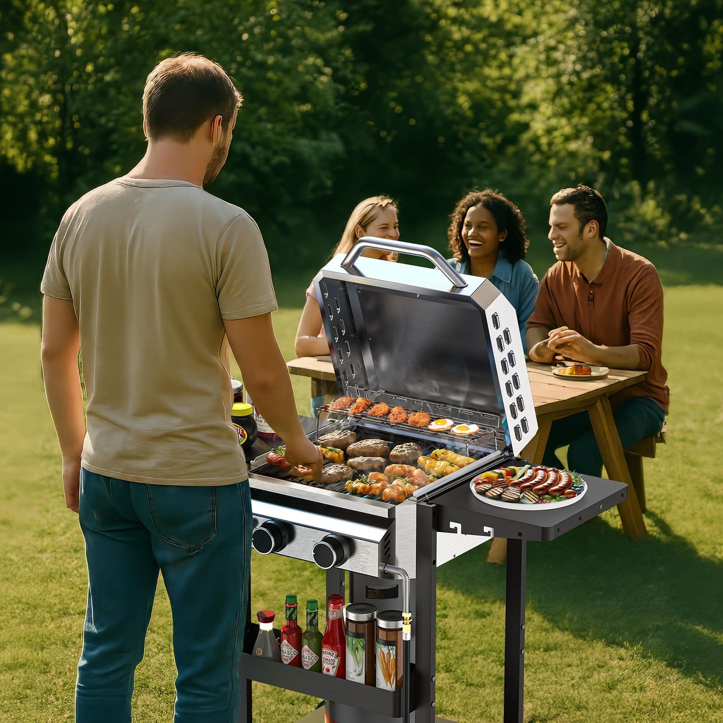 ‌2-Burner Gas Grill, Stainless Steel 160,00 BTU BBQ Grill with Foldable Side Shelves & Storage Shelf – Ideal Propane Grill for Outdoor Barbecues, Patio Gatherings, and Camping