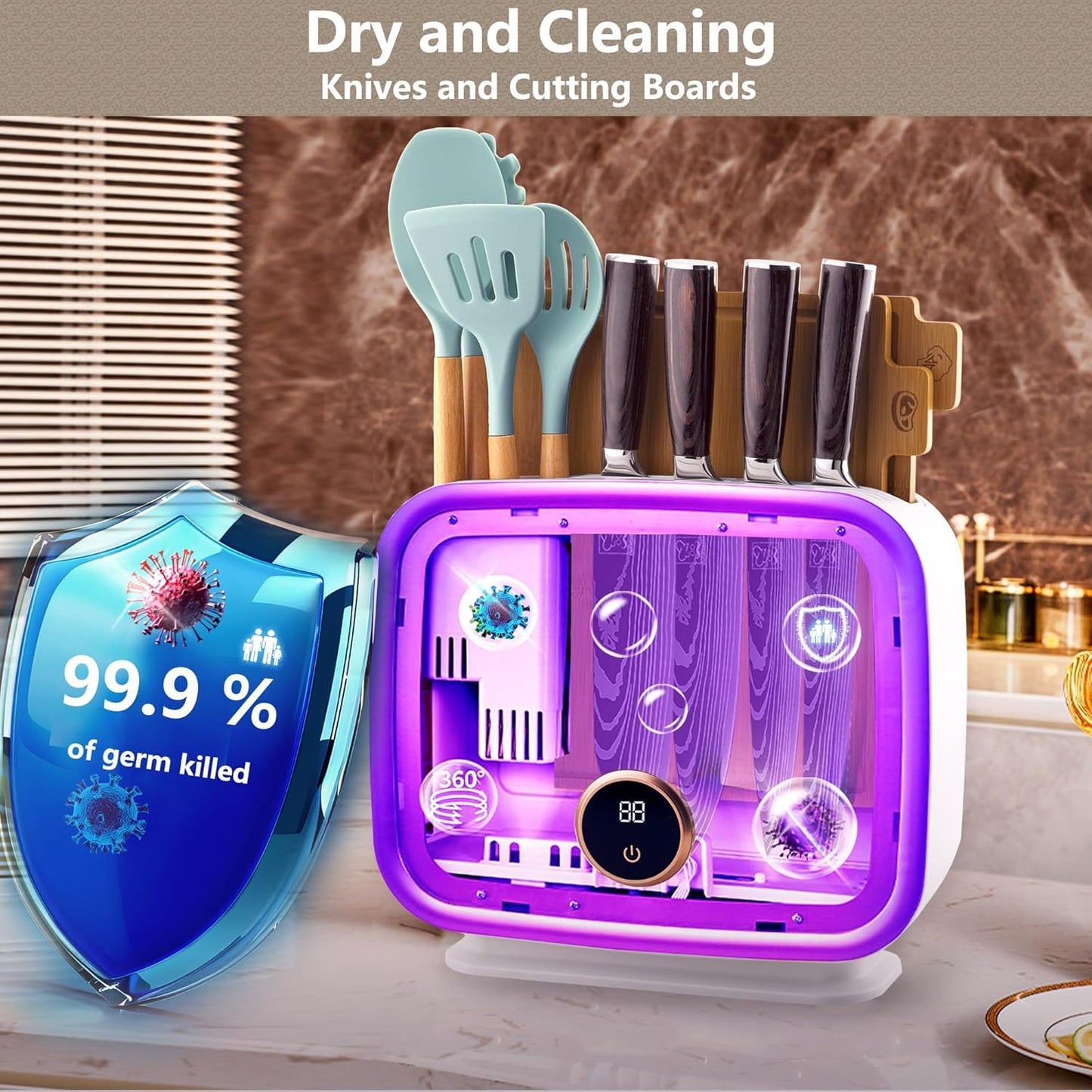 ChefHoablorn Kitchen Knife Block Set 4 Professional Damascus Knives,Beautiful Intelligent Knife Block 110V 70℃Hot Air Drying Cleanliness,with Raw Food Cooked Food Cutting Boards,4 Kitchen Utensils