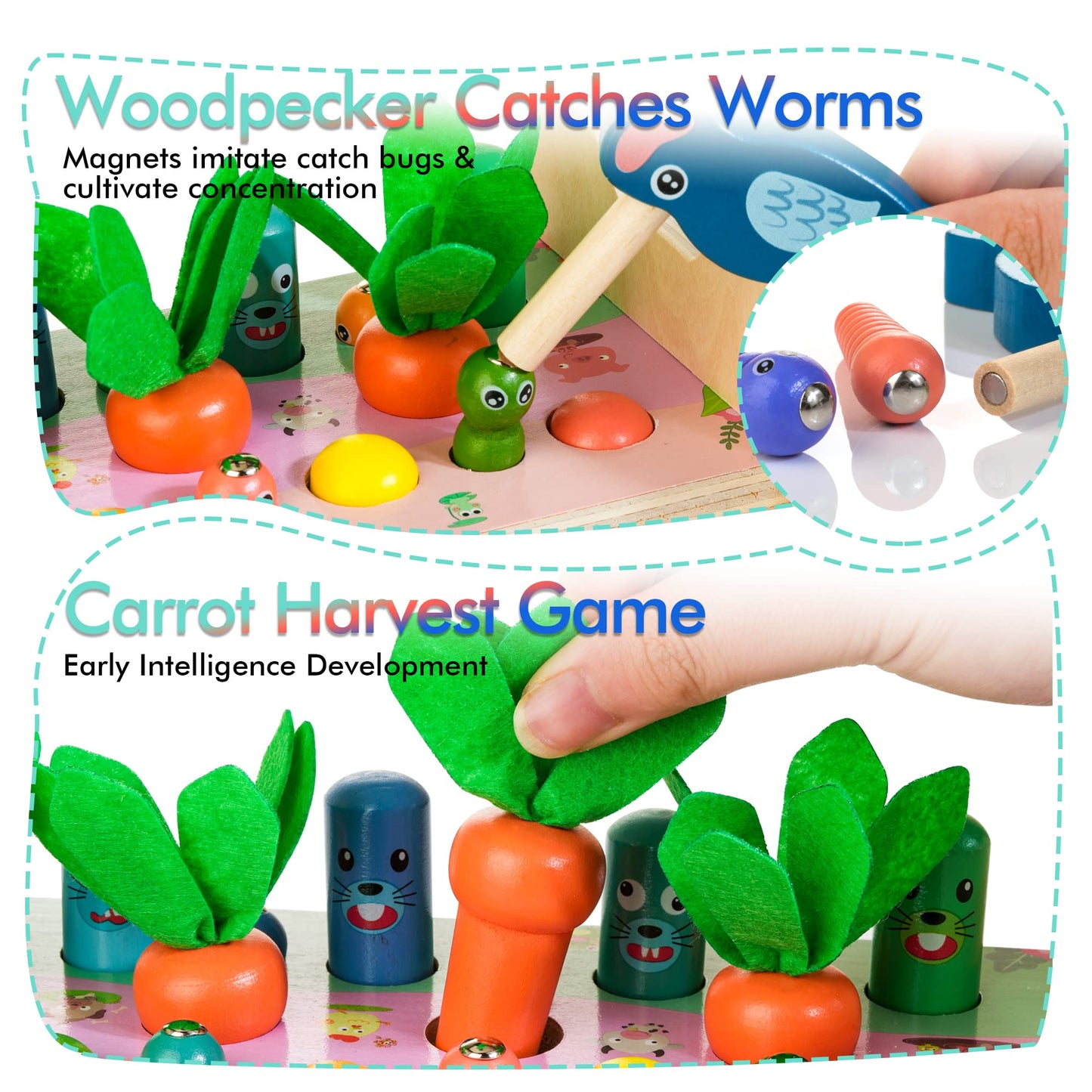 Amtreen 6-in-1 Wooden Montessori Toys for 1 Year Old, Mole-Tapping Game | Play the Xylophone | Frog Clock | Carrot Harvest Game | Spinning Gear, Baby Girls Toy Birthday Gift Early Learning