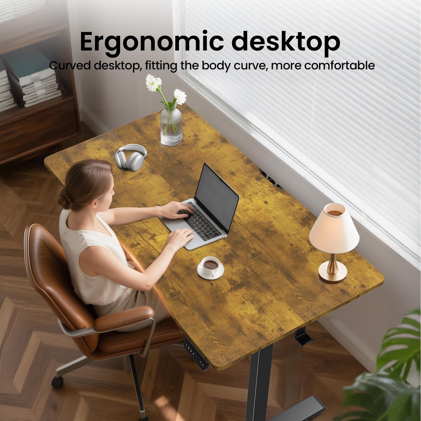 Veken 55 x 28 Inch Electric Standing Desk, Sit to Stand Up, Work Home Office Computer Table for Study, Walking Pad, Writing, and Games, Wooden Desktop Desks, Brown