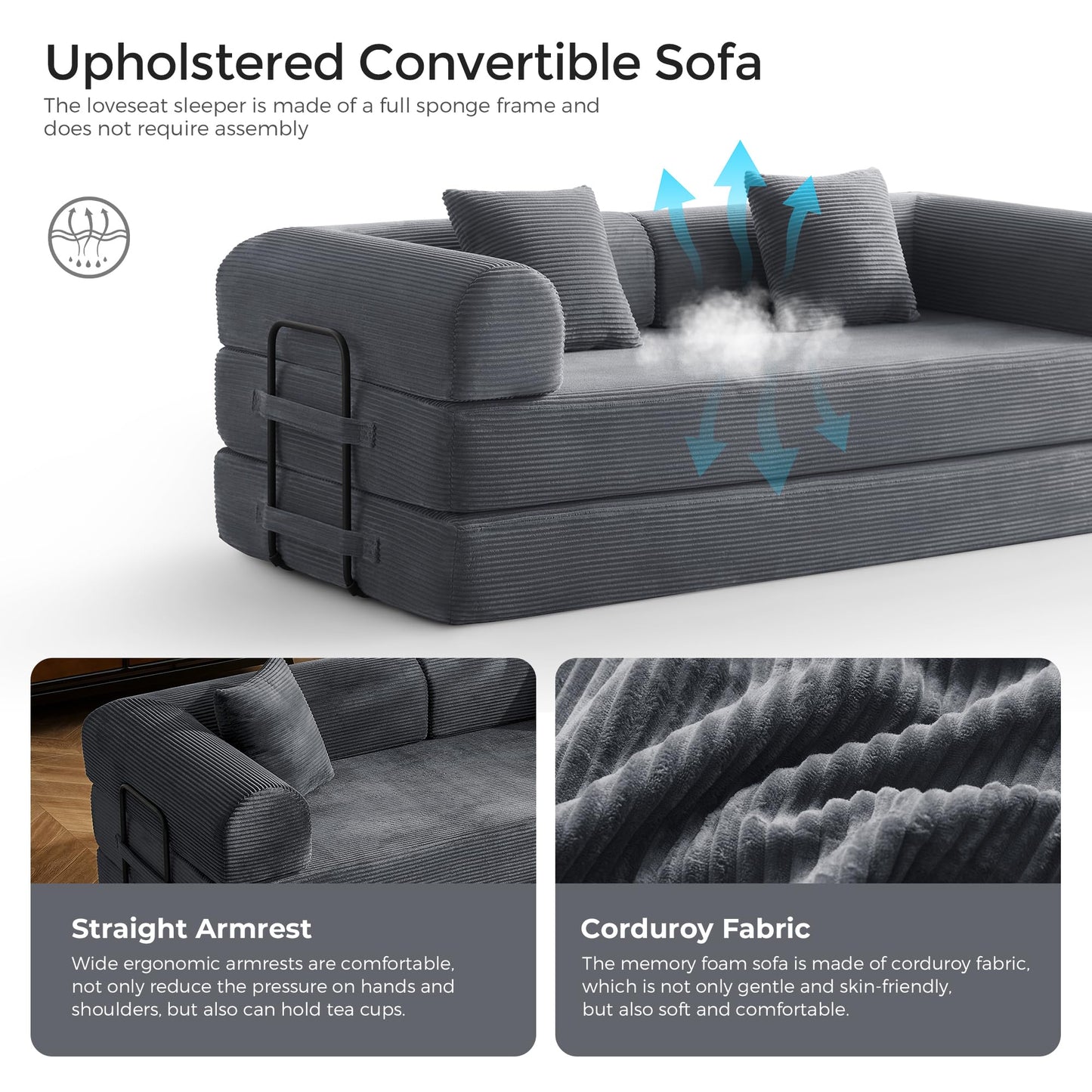 SAVENICA 79" Floor Sofa Bed, 5-in-1 Convertible Sleeper Sofa with Removable Armrests, Corduroy Fabric Sofa Couch, No Assembly Required for Living Room, Dorm, Studio (Dark Gray)