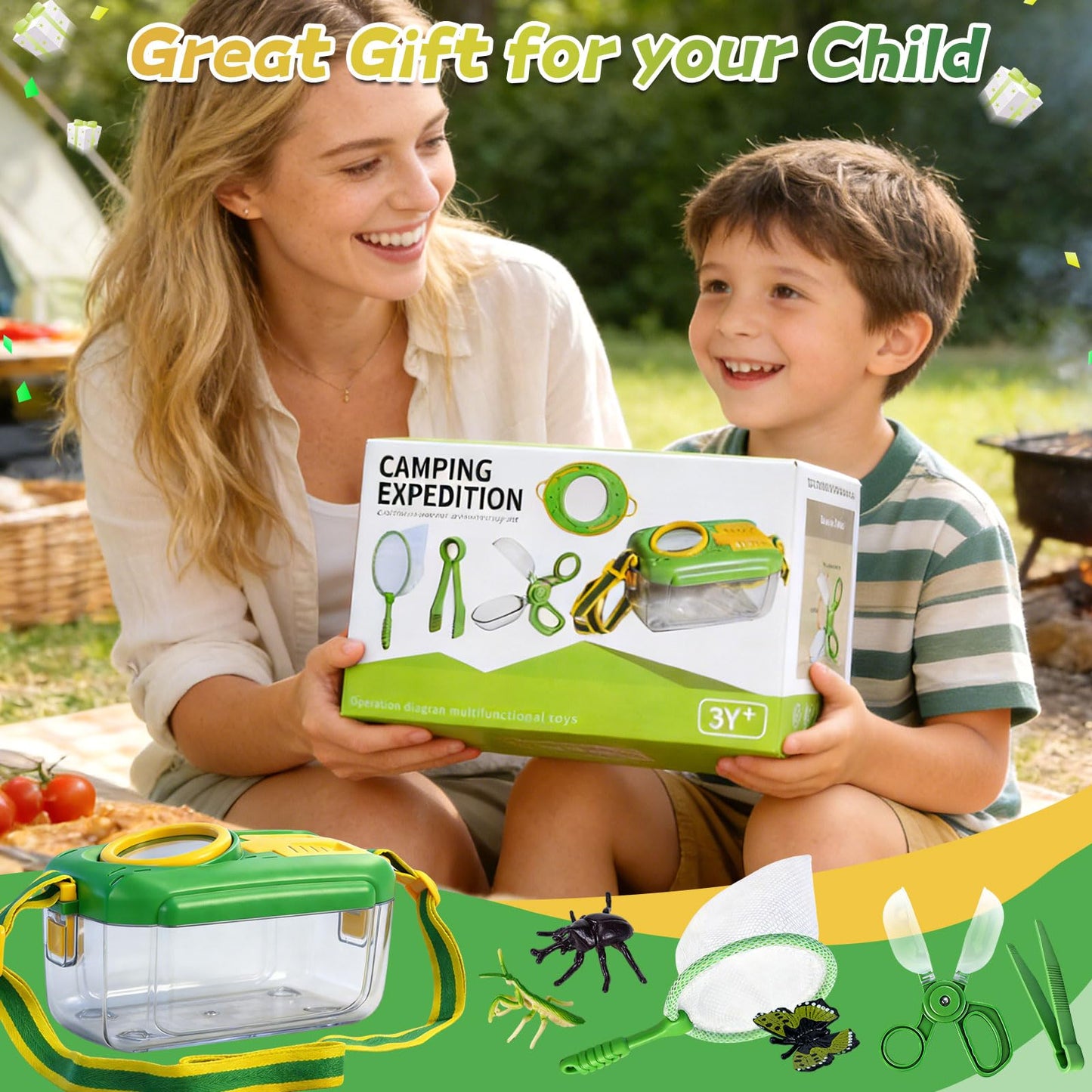 BLOOLILIES Bug Catcher for Kids, 28 PCS Outdoor Explorer Kit with Magnifier Glass Bug Collector Toy Butterfly Net Catcher Tweezers Insect Cognition Cards Outdoor Toys for Kids Ages 4-8 Boys Girls