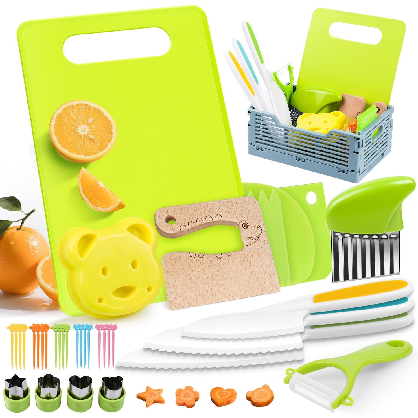 36Pcs Kids Knife Set for Real Cooking, Montessori Kitchen Tools for Toddlers, Safe Kids Cooking Toys with Storage Bin, Toddler Kitchen Knife Set for 3-10 Year Old Boys and Girls Birthday Gifts