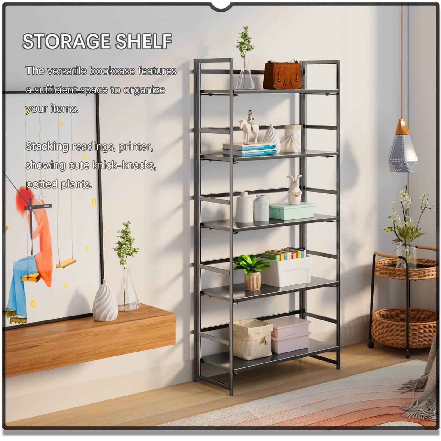 4NM No Assembly 5 Tiers Collapsible Book Shelves, 51.2" H Folding Bookshelf Bookcase Open Industrial Foldable Shelves for Bedroom, Living Room, Home Office - All Black