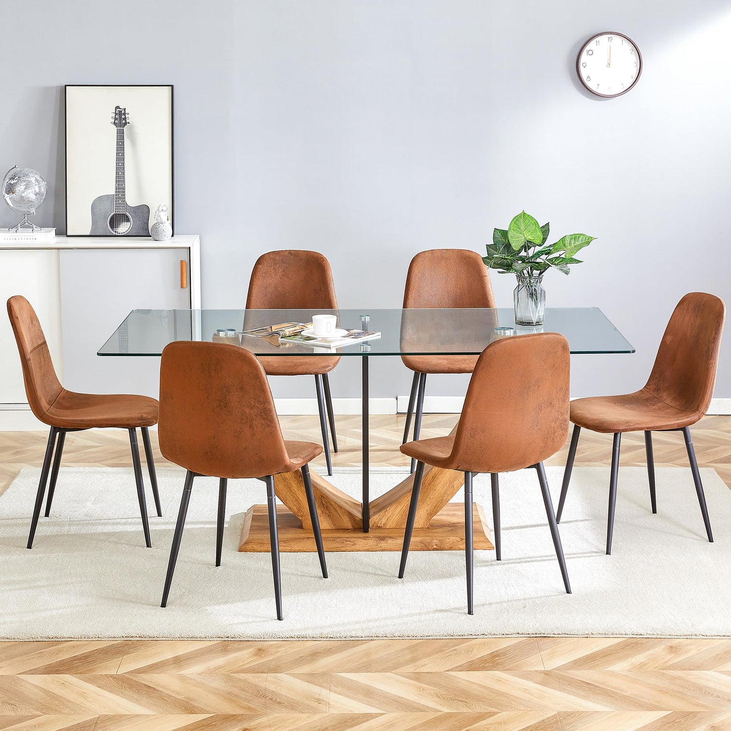 JEARGE 71" Glass Dining Table Set for 6, 7 Piece Dining Table Set,Tempered Glass Table Top with U-Shaped Legs and Fabric Dining Chairs,Ideal for Kitchens, Living Rooms (Brown Chair, 1 Table+6 Chairs)