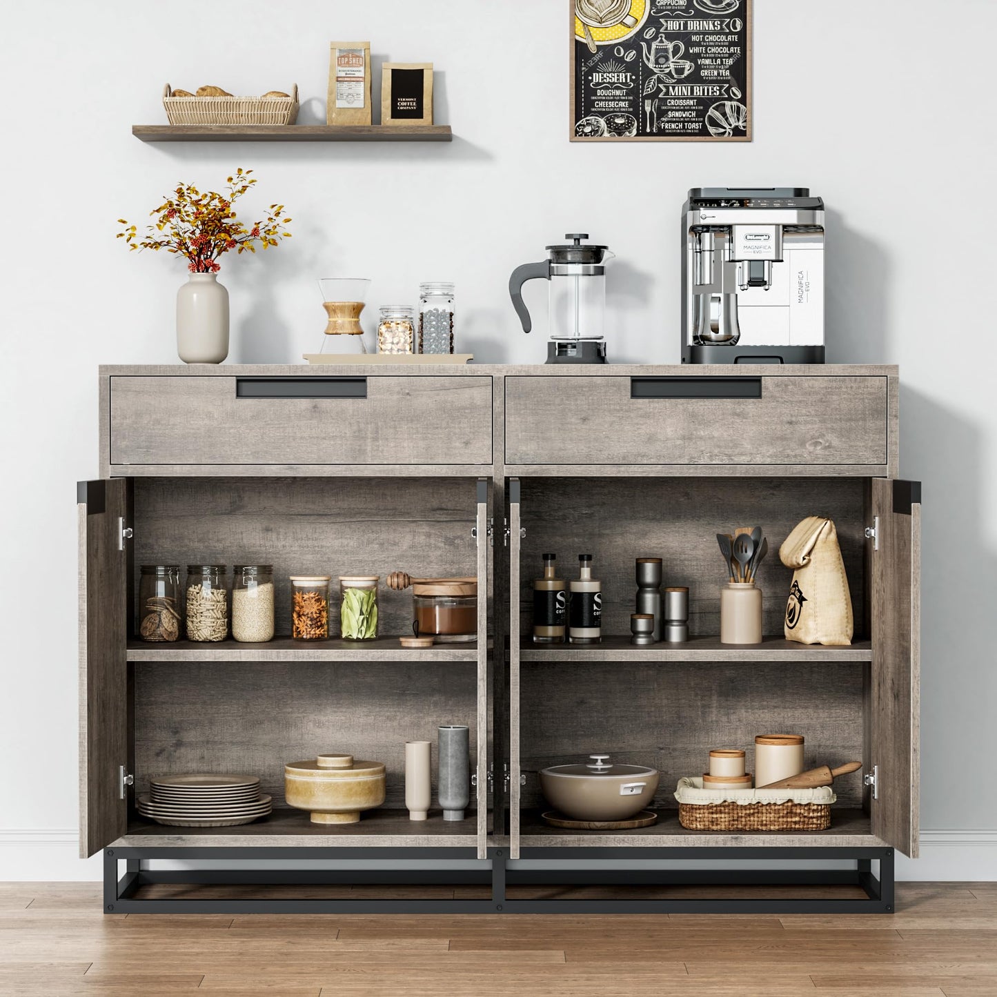 GAOMON Sideboard Buffet Cabinet, 55" Large Modern Kitchen Storage Cabinet with 2 Drawers and 4 Doors, Coffee Bar Buffet Table for Kitchen and Dining Room, Gray