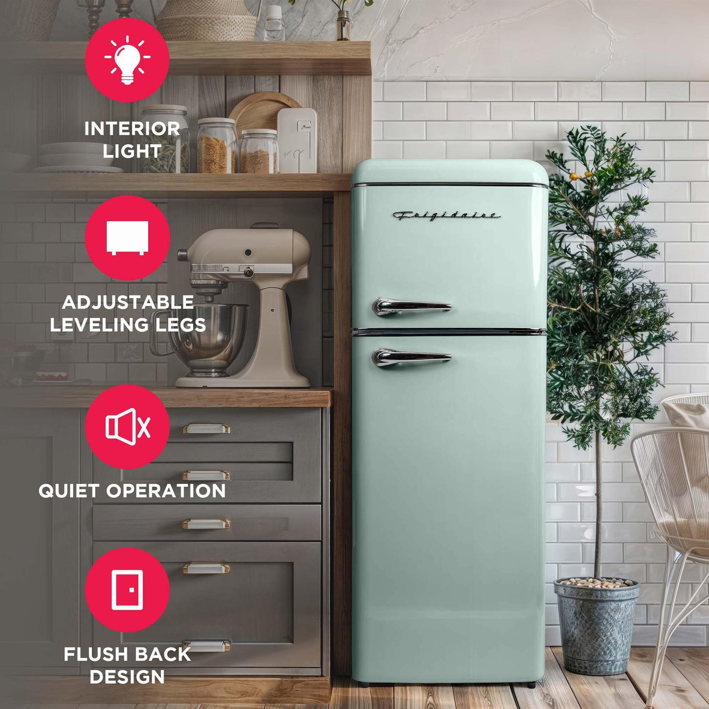 Frigidaire, 2 Door Apartment Size RETRO Refrigerator with Top Freezer, Chrome Handles, 7.5 cu ft, GREEN