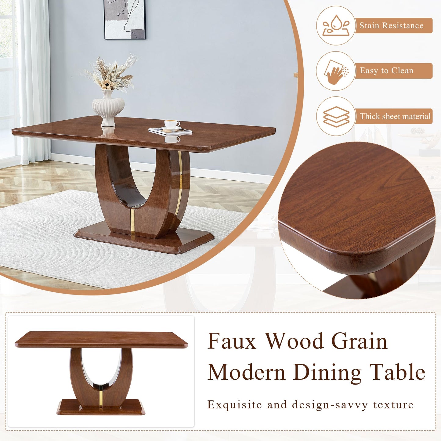 JUFU Modern Dining Table Set for 6, 63'' Kitchen Table Set with Faux Marble Tabletop and 4 PU Leather Upholstered 0501 Brown Chairs, Dinner Table Set for 6, Ideal for Dining Room and Kitchen