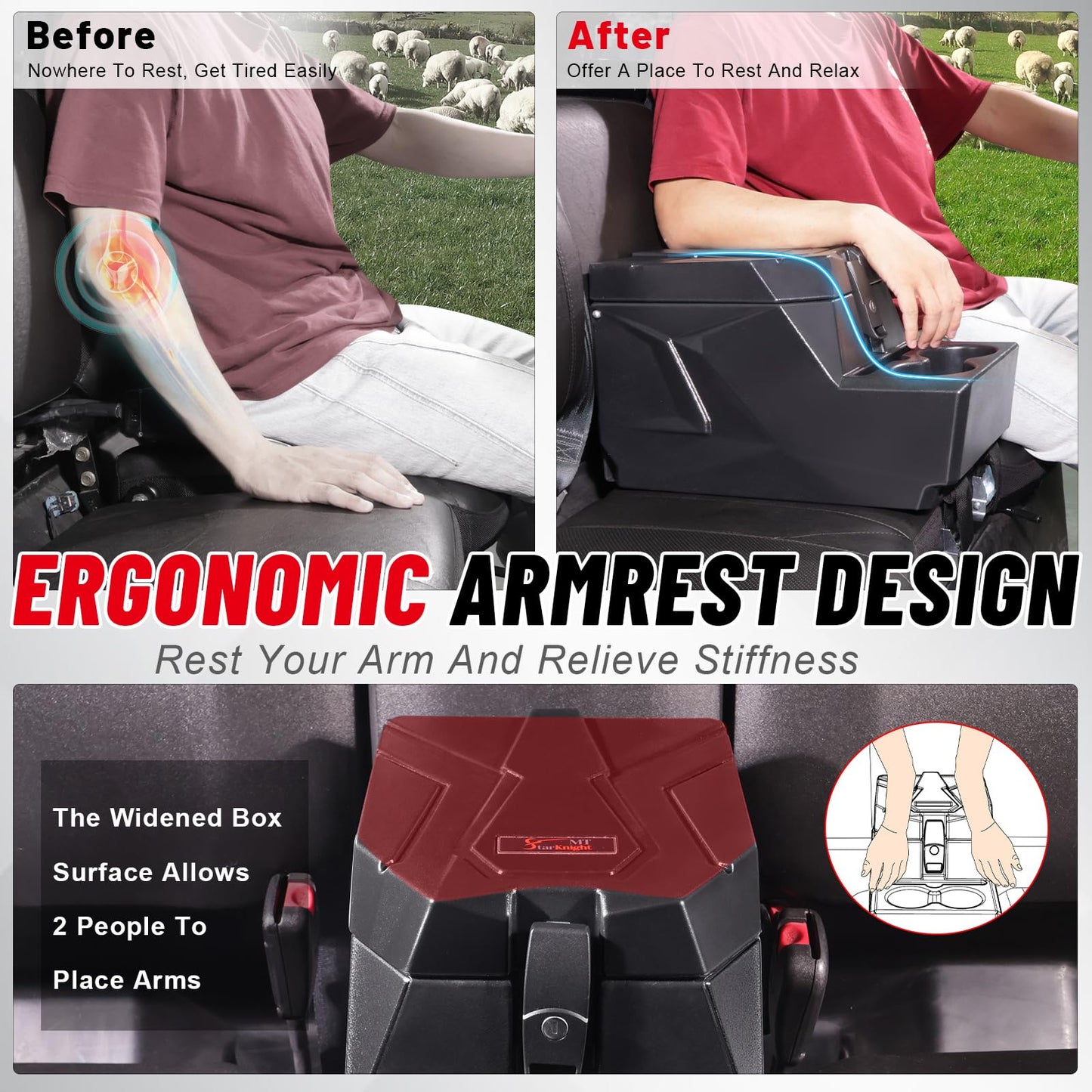 StarknightMT UTV Center Console Armrest Box with Cup Holders, Universal Fit Bench Seat Storage Compatible with Ranger 1000/ XP, Uforce 1000/XL, Defender HD5/7/8/9/10, Mule, Pioneer 700 1000