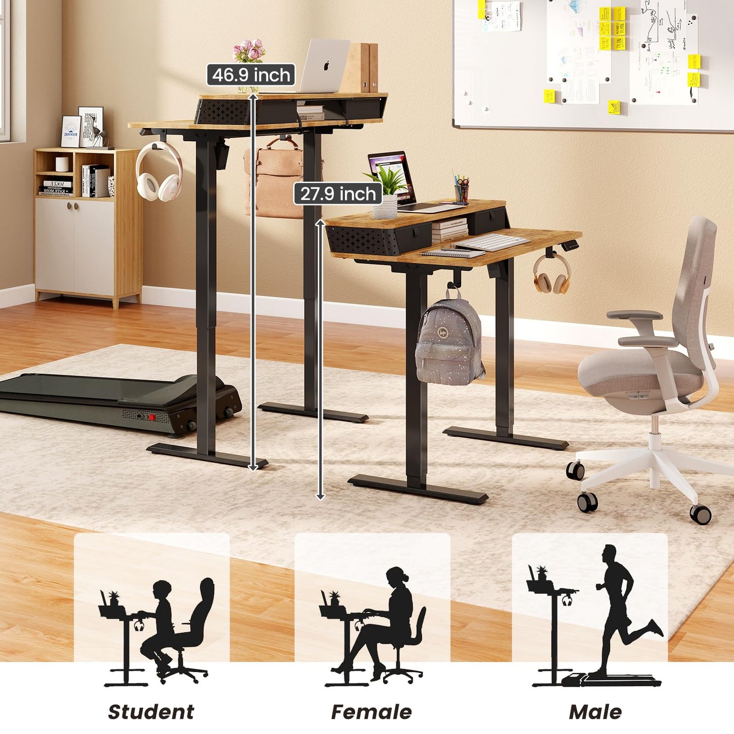 YOLEZO Small Standing Desk with Two Drawers, 40" x 24" Electric Sit Stand Desk for Walking Pad, Ergonomic Stand Up Desk for Home Office & Gaming, 3 Memory Height Preset & Hooks(Rustic Brown)