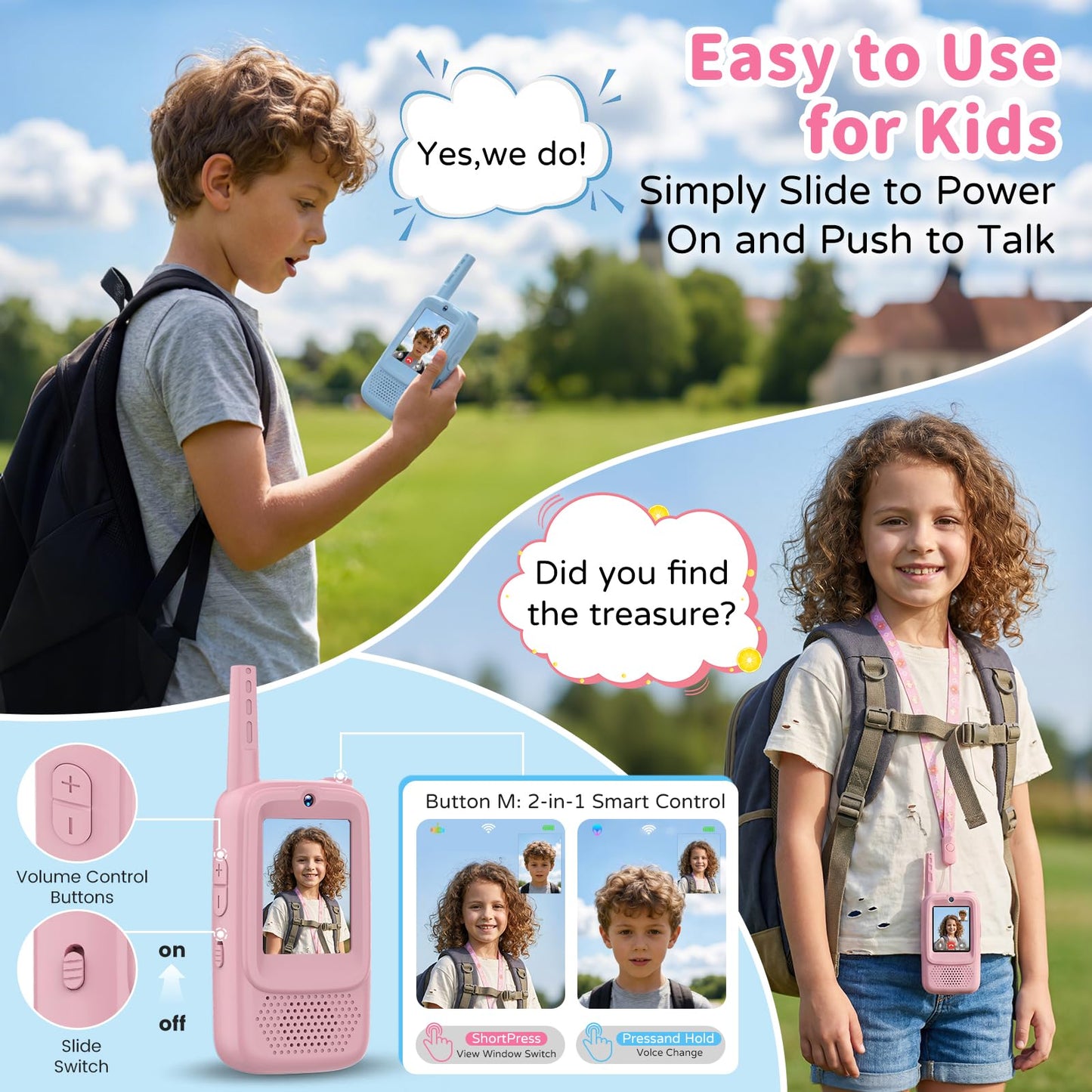 Video Walkie Talkies for Kids, 2 Pack Rechargeable Long Range Walkie-Talkie with HD Camera, Birthday Gift Toys for Girls Boys Ages 3-12 Indoor Outdoor Toys for Family Games, Camping, Hiking, Pink