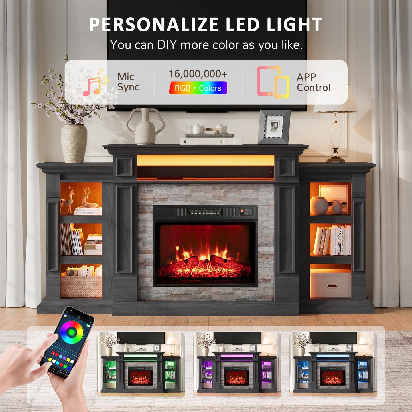 Naice 72" Electric Fireplace with Mantel and Cabinets, Fireplace TV Stand for Living Room Bedroom, LED Light & Power Outlet, 23in Realistic Flame Fireplace and Stacked Stone Surround, Black