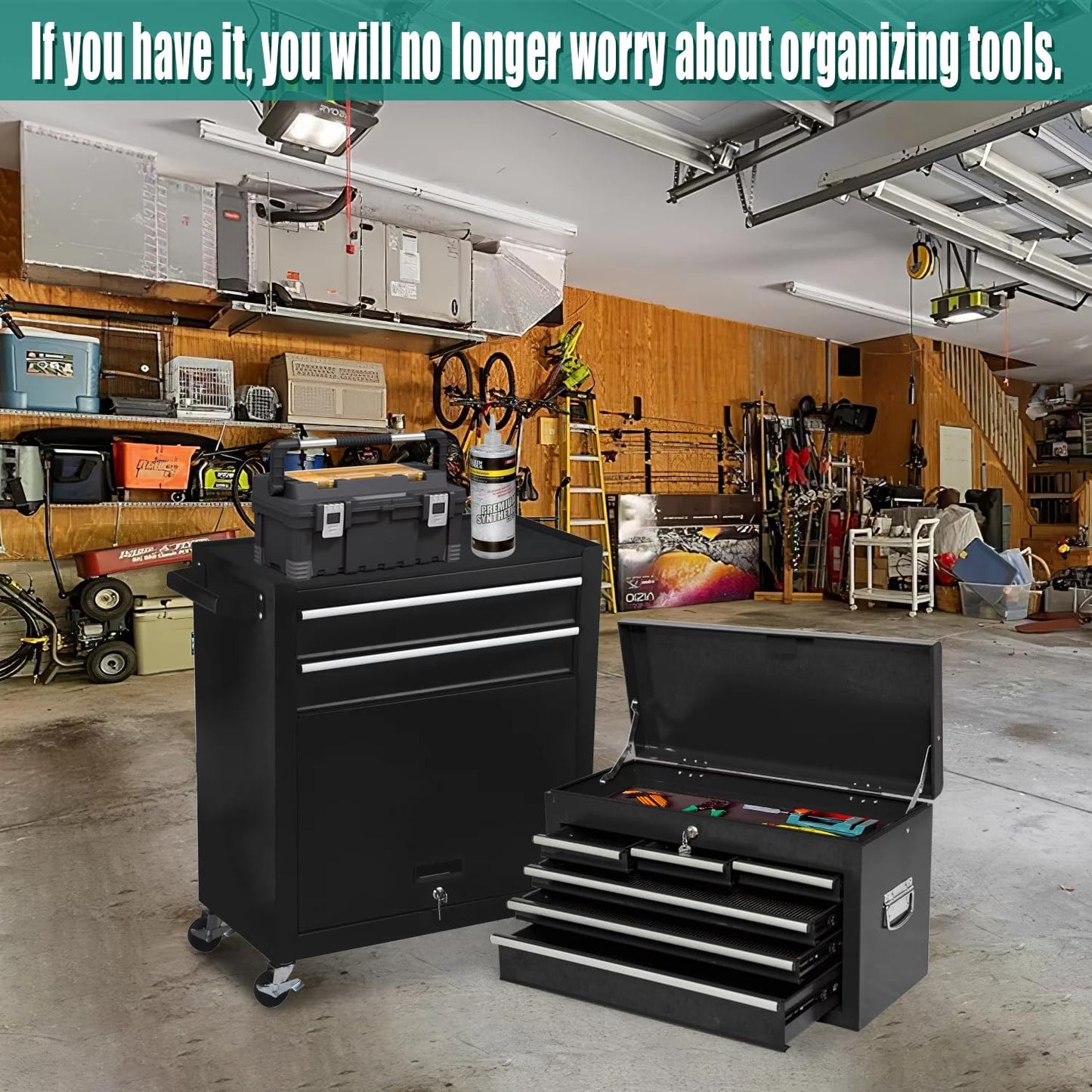 Clickoods 8-Drawer Rolling Tool Chest – 2-in-1 Lockable Tool Box with Wheels, Sliding Drawers & Detachable Top – Garage & Workshop Storage Cabinet, Black