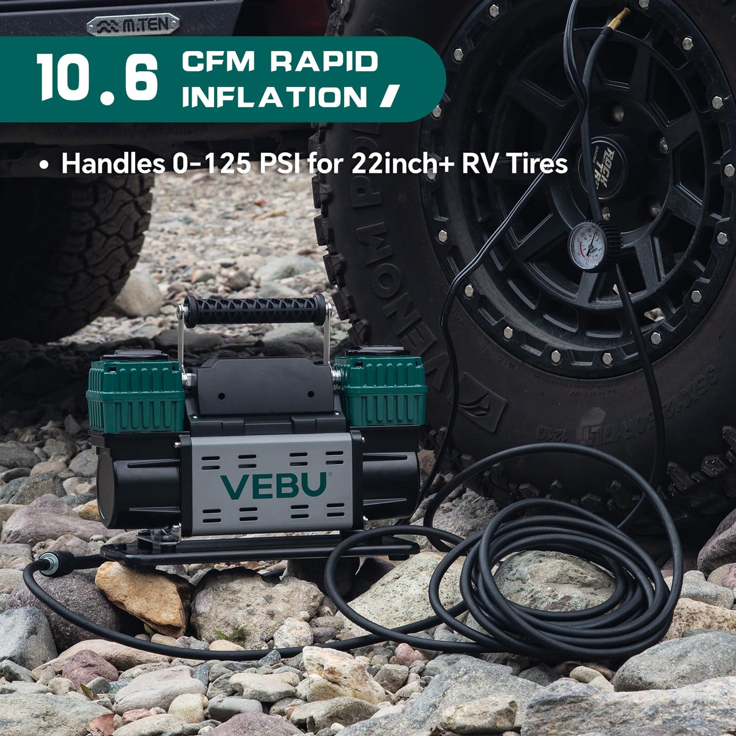 VEBU Heavy Duty Air Compressor 12V Tire Inflator, Dual Cylinder 125PSI with In-line Pressure Gauge, 10.6CFM Fast Inflation for Off-road Vehicles, Trucks, SUVs, RVs, ATVs, DC Power, Corded Electric
