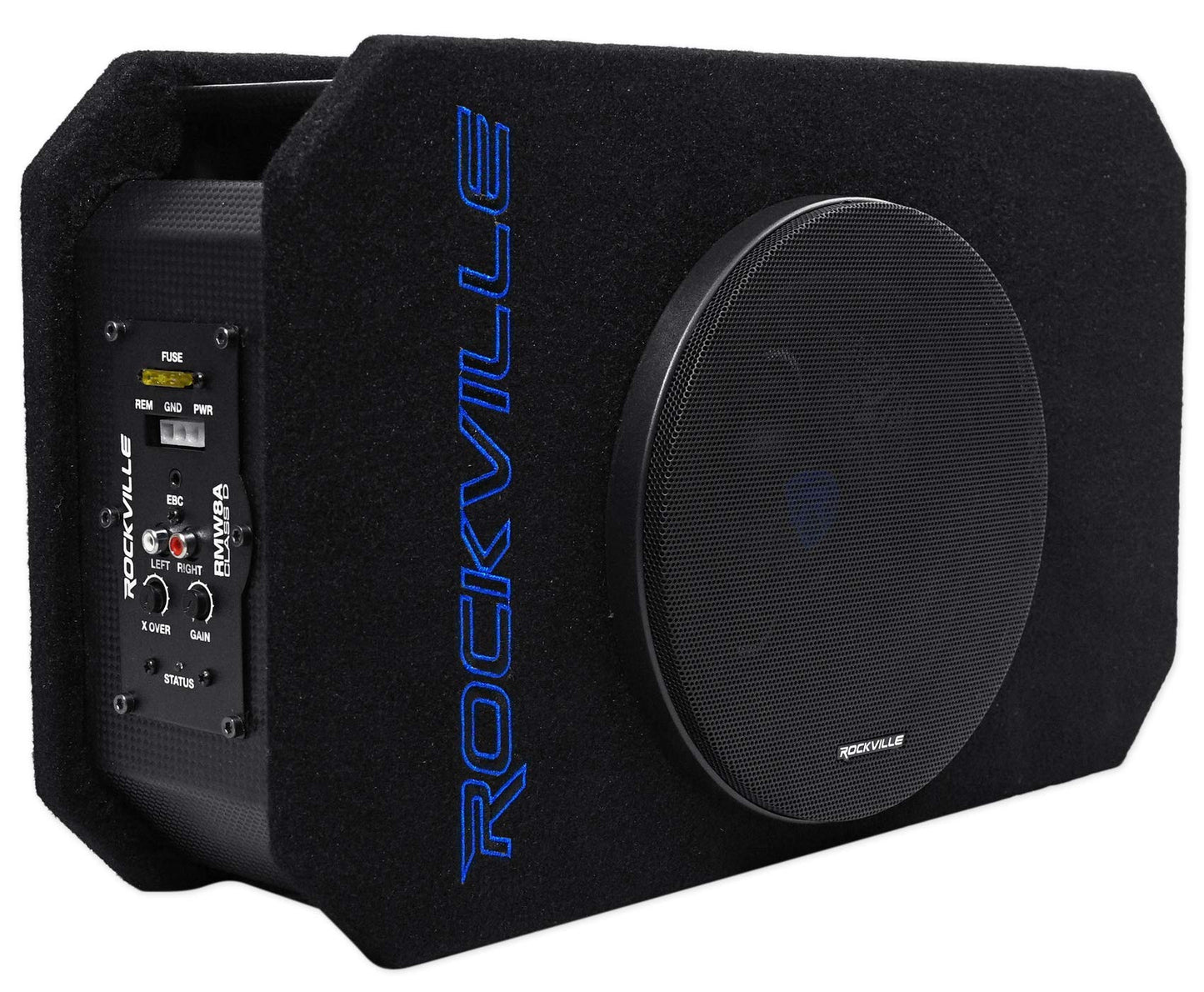 Rockville RMW8A 800W 8" Powered Truck Subwoofer, Class-D Amp, 4 Ohm, Slim Ported Enclosure, Remote Bass Control, Durable MDF with Grill, for Car Audio