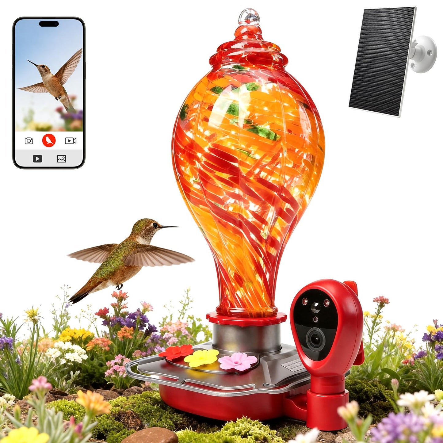 Smart Hummingbird Feeder with Camera, Solar Powered 2K HD Live View Glass Station, AI Bird ID & Motion Alerts, Auto Nectar Monitor, Leakproof Water Moat, Outdoors Hanging Gift (2.4GHz Wi-Fi Only)
