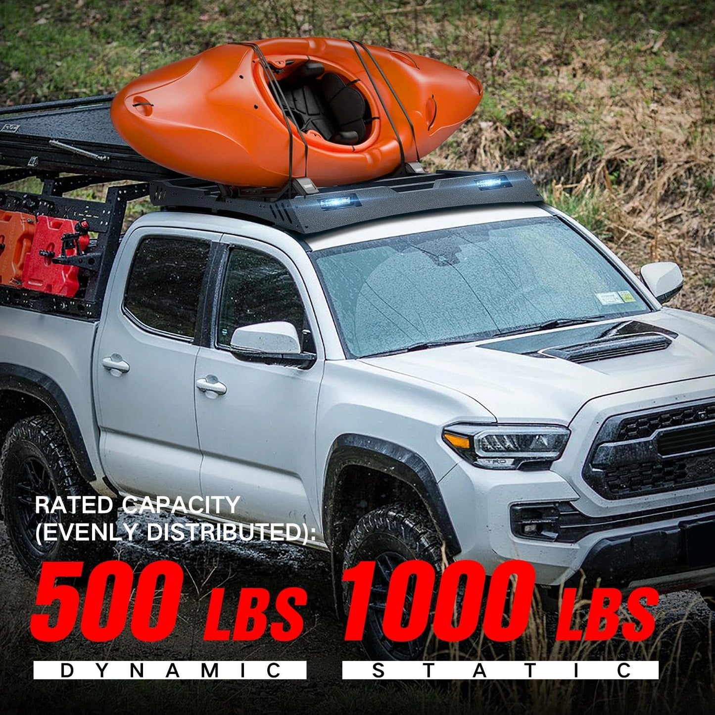 SUORTO Cargo Basket Top Roof Rack Compatible with 2005-2023 Tacoma Double Cab/Crew Cab (4 Full-Size Doors), Overland Truck Cargo Carrier Rooftop Luggage Storage Holder with LED Light Bar