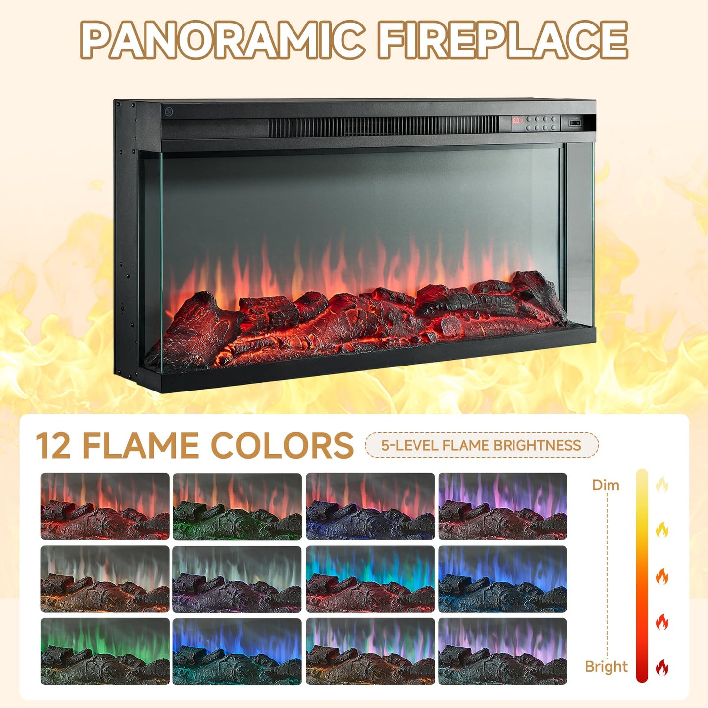 ROCKPOINT 3 Sided Glass 59" Fireplace TV Stand for TVs up to 65inch, Media Entertainment Center with Storage Cabinet,24" Electric Fireplace with LED Light and Flame Colors, White