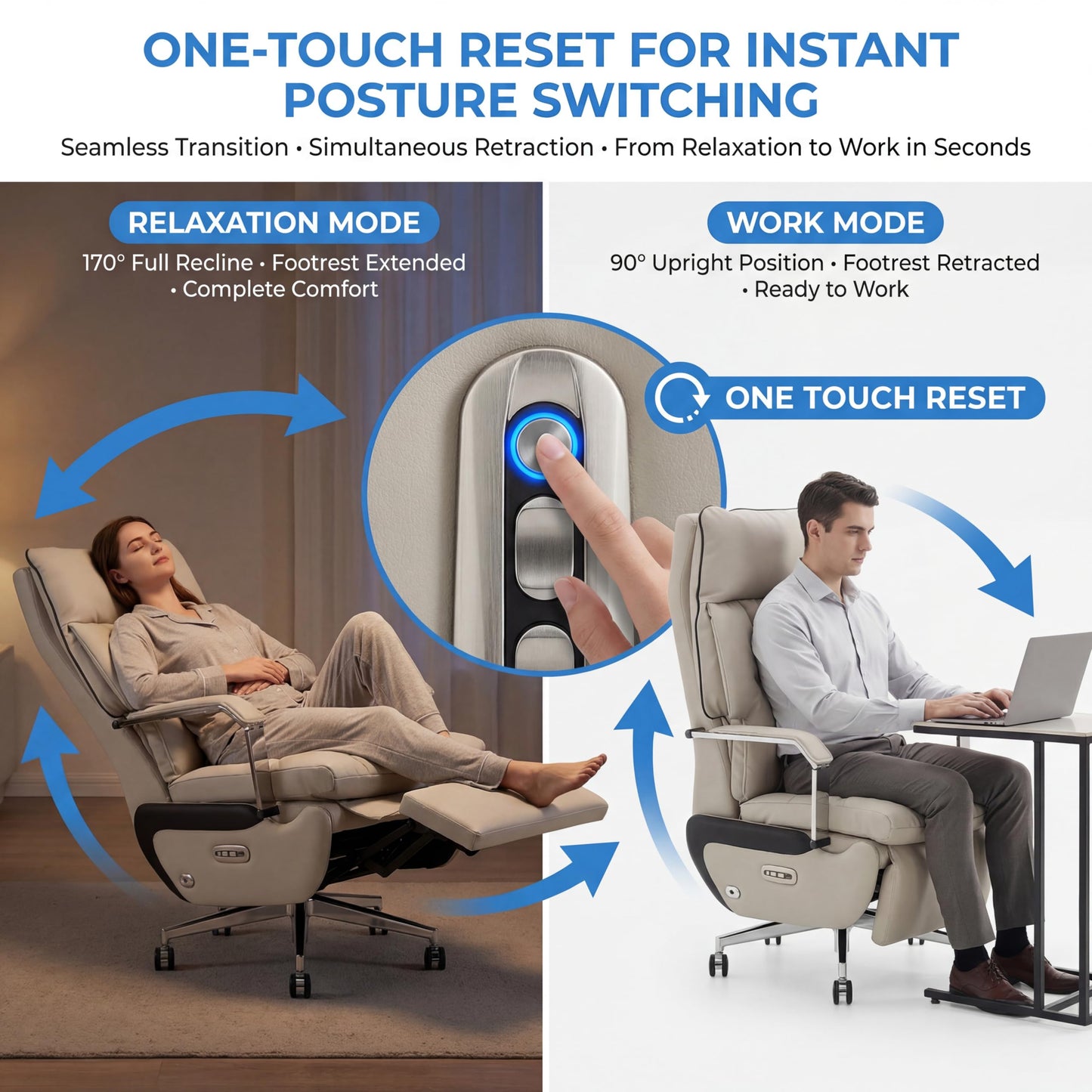Dual Motor Executive Reclining Office Chair with Footrest – One-Click Electric Recline, Massage Lumbar Support & Pillow, Big and Tall PU Leather Ergonomic Desk Chair for Home Office/Gaming(White)
