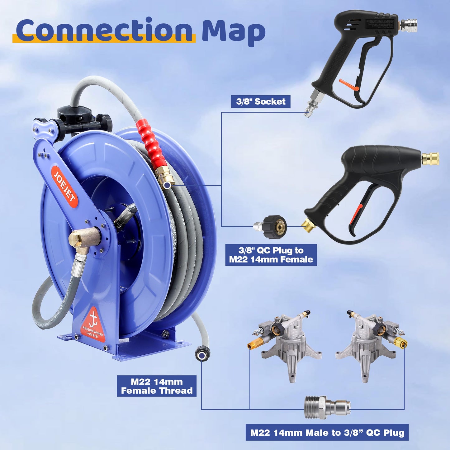 JOEJET Retractable Pressure Washer Hose Reel, 3/8" x 50 FT Power Washer Hose Reel with Hose, Wall/Floor Mounted, 4000 PSI, Blue