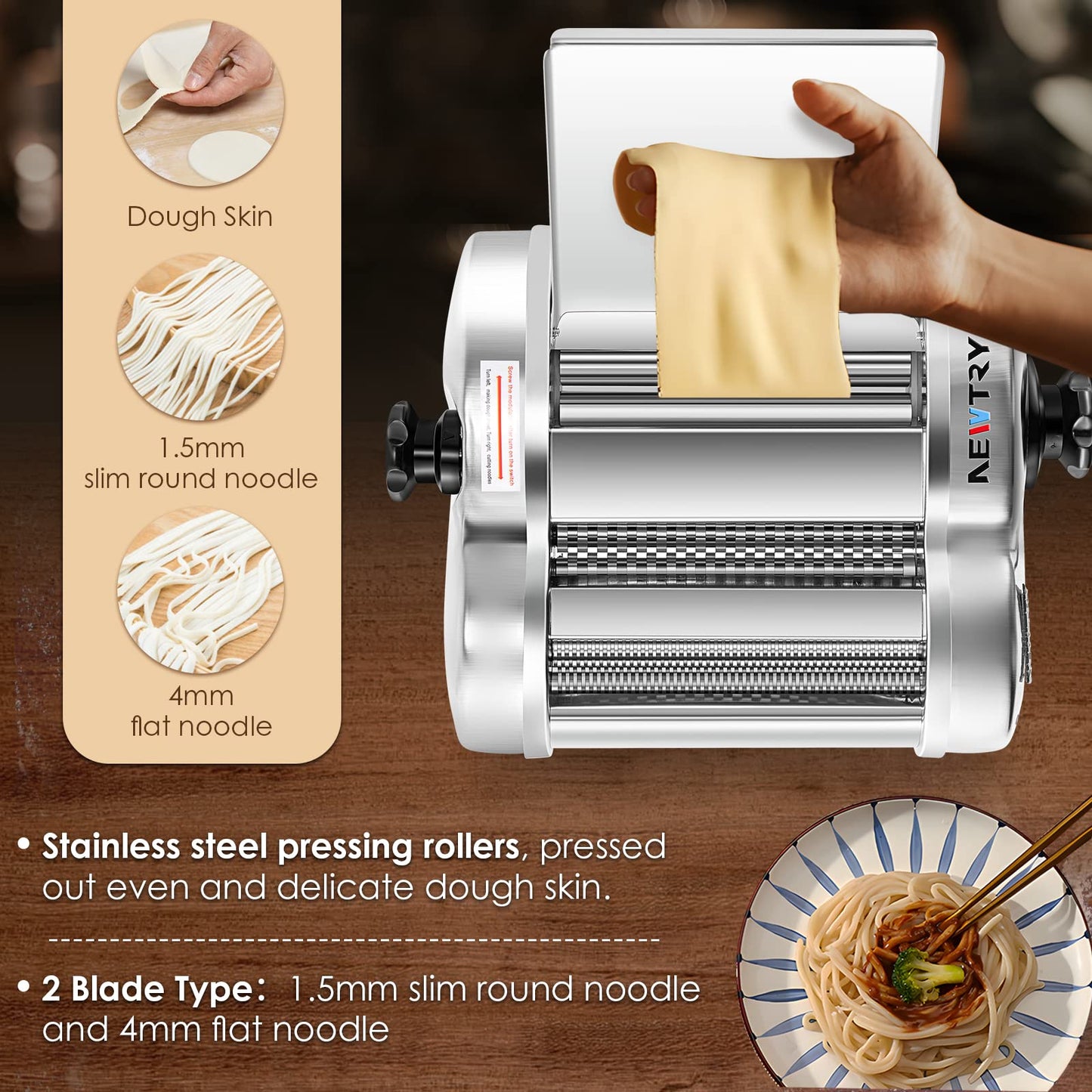 NEWTRY Electric Pasta Maker Noodle Maker Pasta Making Machine Dough Roller Cutter Thickness Adjustable Stainless Steel US 110V for Family Use 2 Blades Type