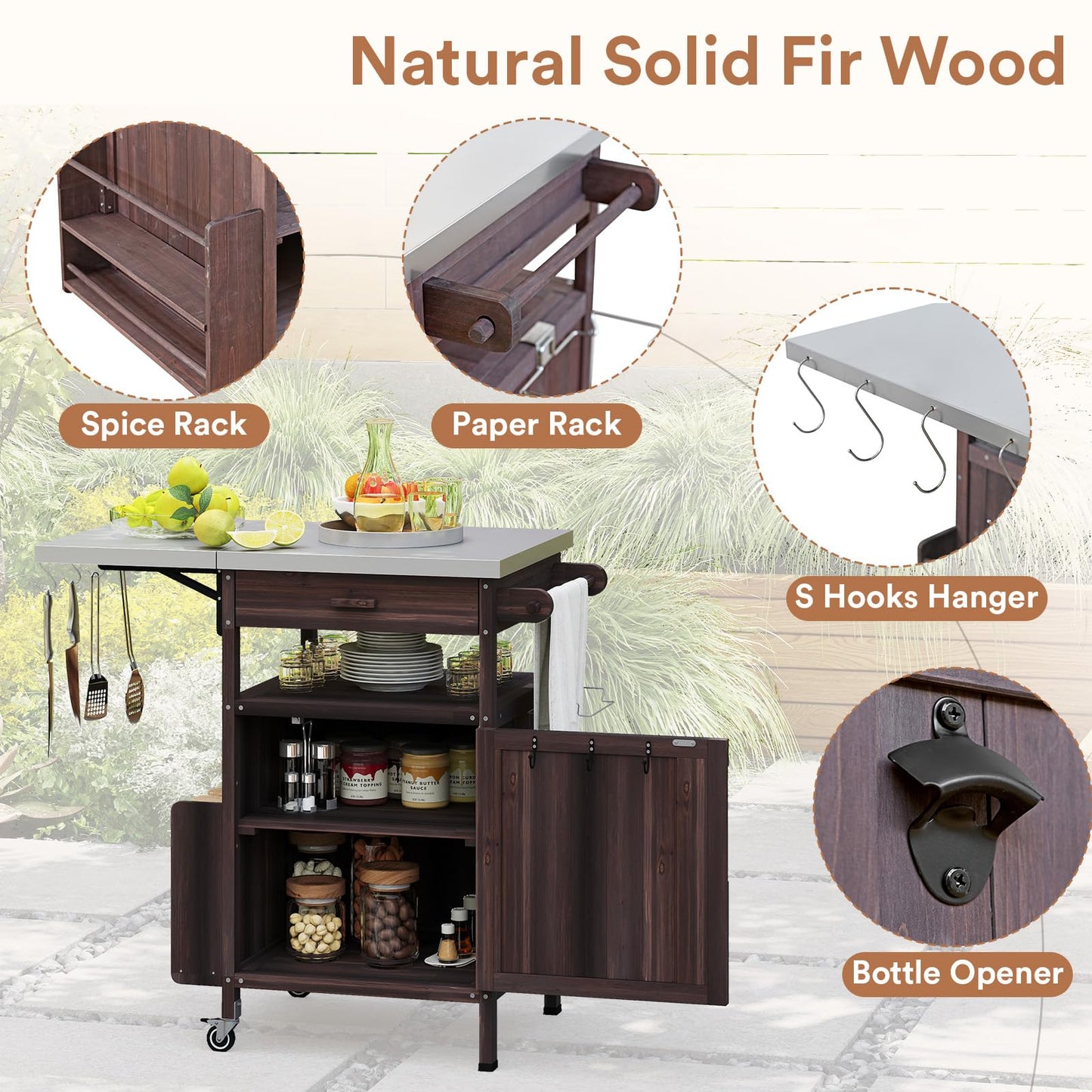 Zevemomo Outdoor Grill Cart with Drop Leaf, Stainless Steel Tabletop Outdoor Kitchen Island, Solid Wood Outdoor Buffet Cabinet with Drawer, Towel Rack, Lockable Wheels for Grilling, Brown