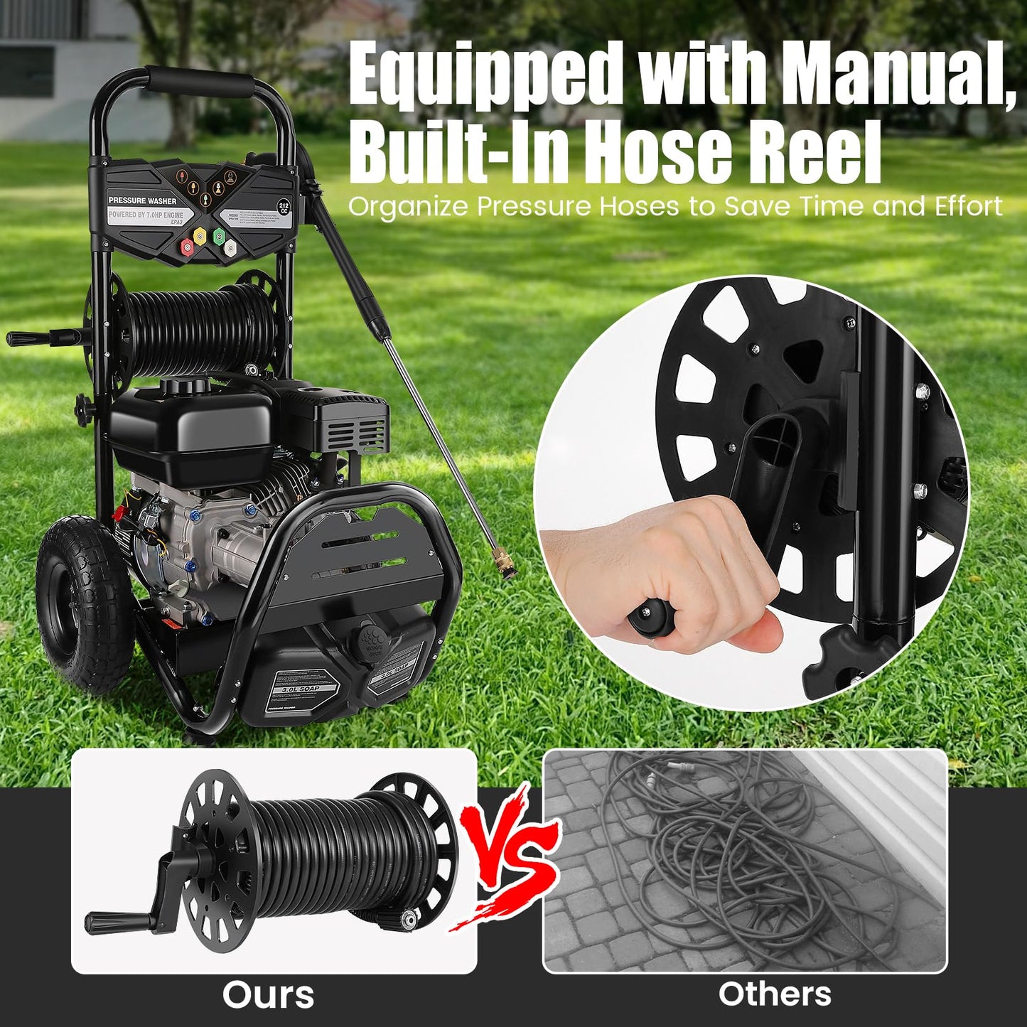 Professional 4200PSI 4GPM 212CC Gas Pressure Washer, 7.0 HP Commercial Gas Power Washer with 3L Foam Bottle 10" Wheels 5 Nozzles 33FT Hose for Home Car Fence Driveway Yard (EPA/CARB/ETL Compliant)