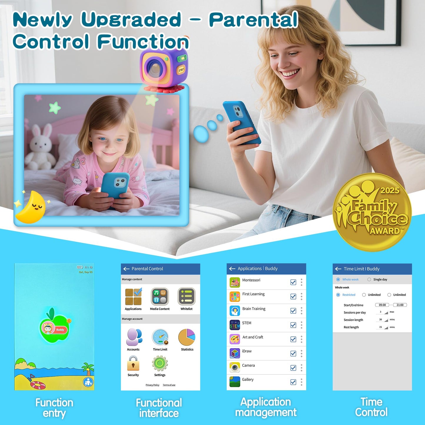 PAMOX Kids Toy Phones with Dual Camera, Learning Toys Phones Gifts for Kid 3-12 with 200+ Educational Puzzle Games, 4" Touchscreen Rechargeable Blue Child Smartphones with Parental Control