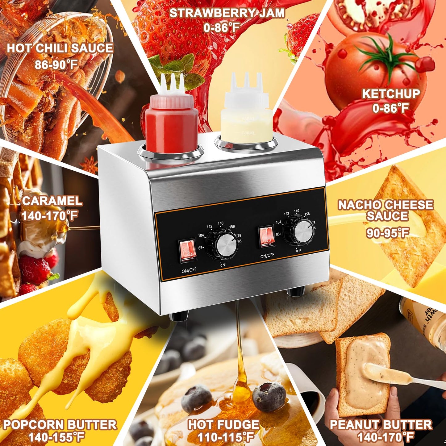 Nacho Cheese Dispenser Warmer Electric Cheese Sauce Warmer Dispenser Commercial Chocolate Warmer Hot Fudge Dispenser for Nacho Cheese Caramel with 22oz/650ml Squeeze Bottles*2