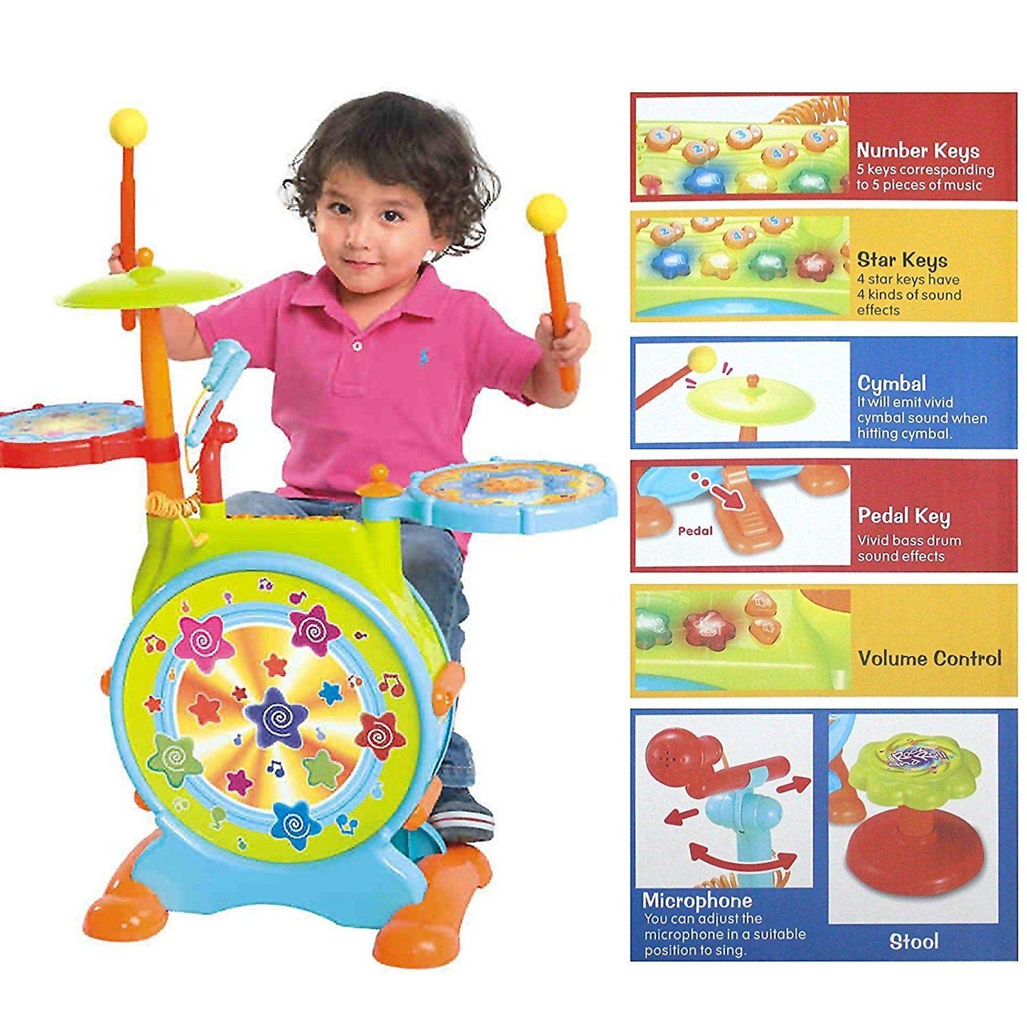 Play Baby Musical Big Toy Kids Drum Set with Adjustable Mic and Seat - Many Functions and Activities for Hours of Play - Pretend to Be A Real Drummer with Drumsticks, Pedals, and Bass Drum